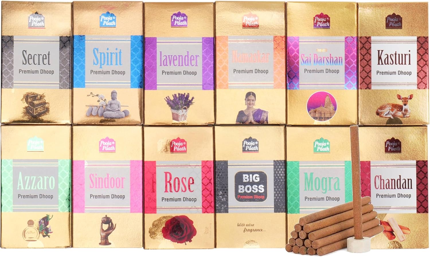 Premium Dhoop Incense Sticks Set with Stand, 12 Fragrances, 108 Sticks Total, Includes Secret, Spirit, Lavender, Rose, Chandan and More by Hashcart