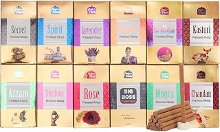Premium Dhoop Incense Sticks Set with Stand, 12 Fragrances, 108 Sticks Total, Includes Secret, Spirit, Lavender, Rose, Chandan and More by Hashcart