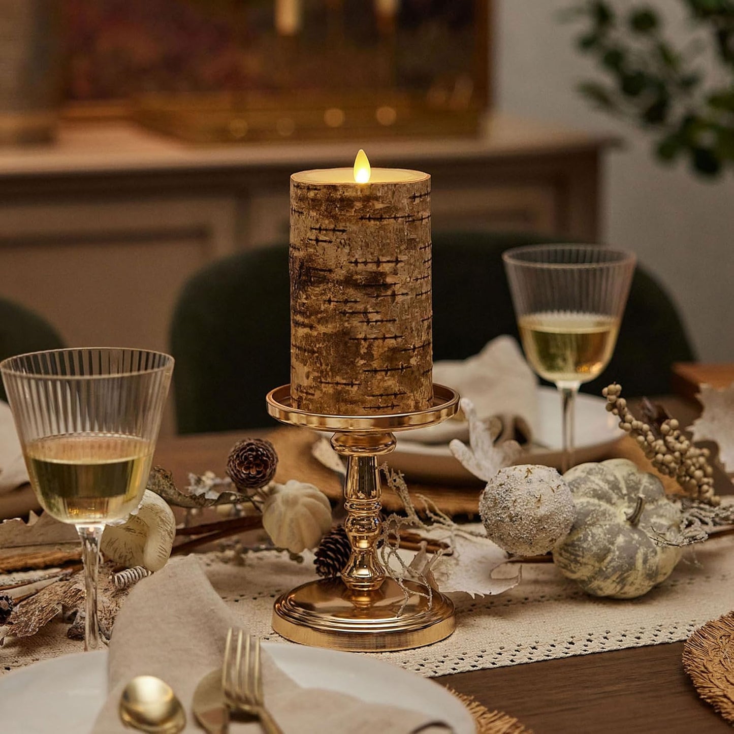 Luminara Real Birch Bark Wrapped Flameless LED Candle, 3.5" x 6.5", Battery Operated Moving Flame Pillar Light with Timer - Natural Decor Unscented