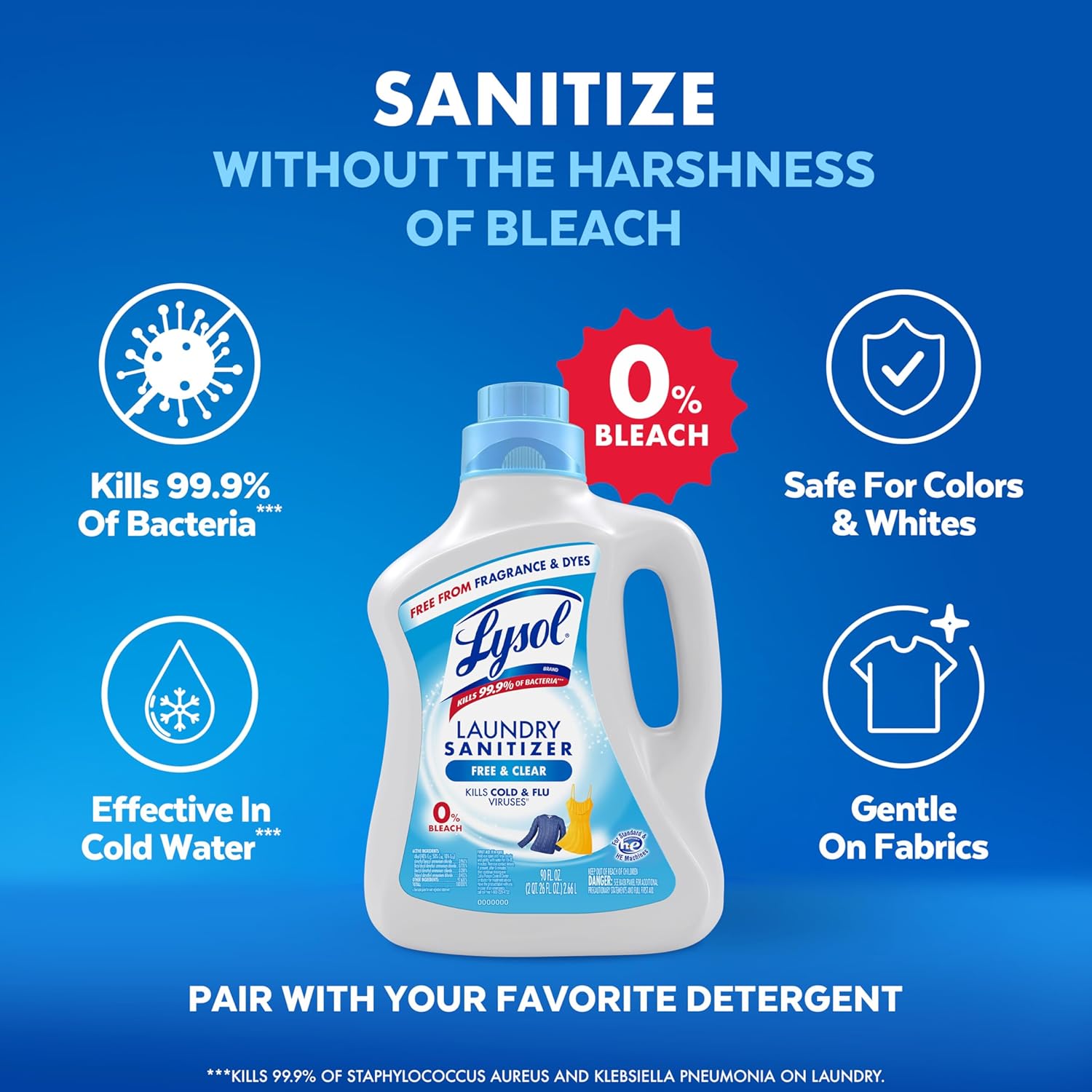 Lysol Laundry Sanitizer Additive, Free & Clear, Free from Fragrance and Dyes, 0% Bleach Laundry Sanitizer, Bacteria-causing Laundry Odor Eliminator, Unscented, 90 Fl Oz (Pack of 1) - Package May Vary