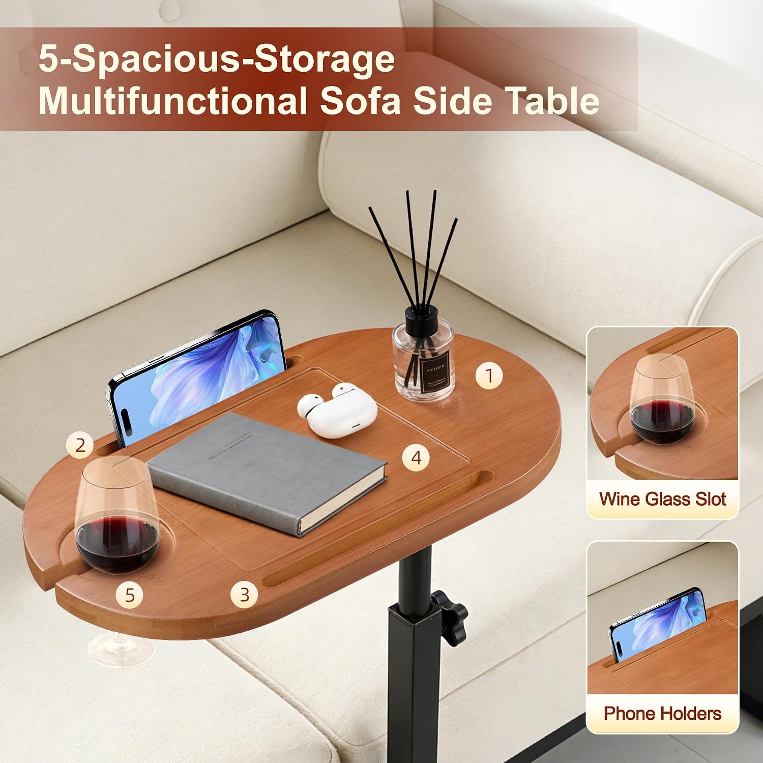 Bamboo Bathtub Side Table, 360° Swivel Height Adjustable Freestanding Bath Caddy Tray Organizer with 5 Storage, Luxury Home Spa Bathroom Essential (Walnut)