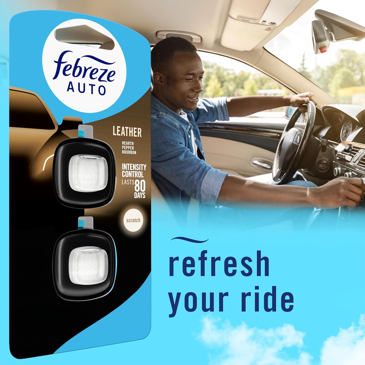 Febreze AUTO Air Freshener, Odor-Fighting Automotive Vent Clip, Scented Car Accessories, Long Lasting for Strong Odors, Leather, 2 Count