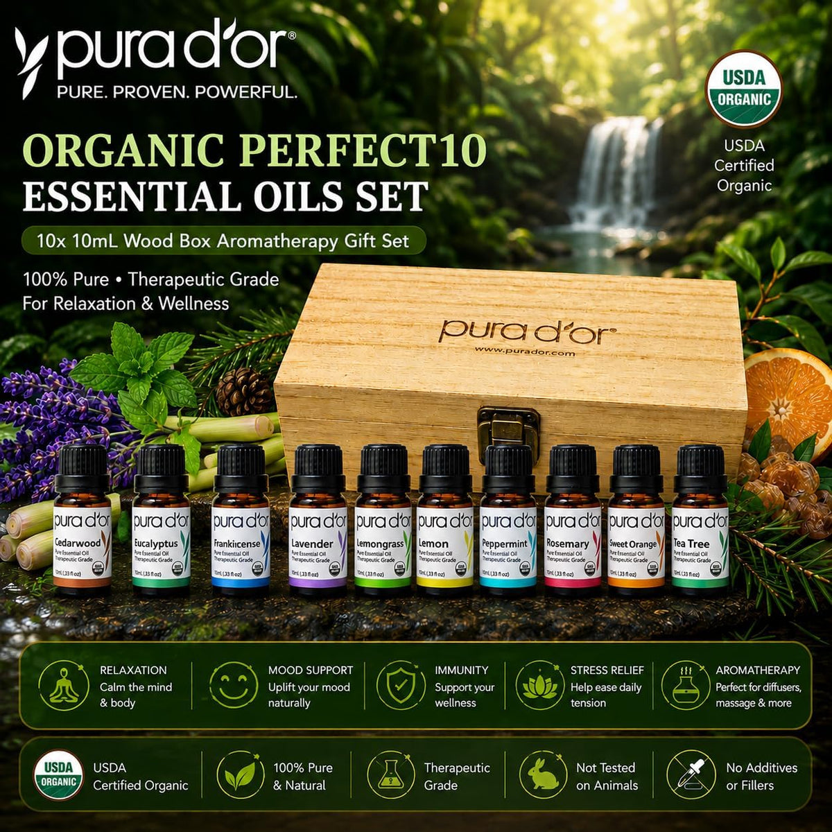 PURA D'OR Organic Perfect10 Essential Oils Aromatherapy Box Set
