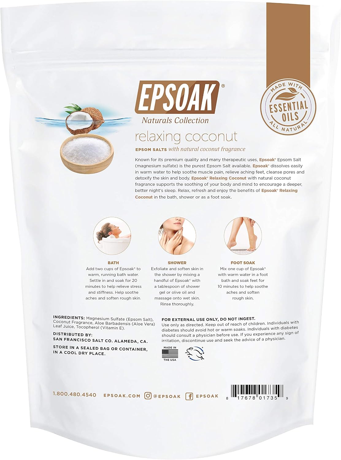 Epsoak Epsom Salt 2 lb. USP Magnesium Sulfate with Coconut Scent Resealable Epsom Salt Bag, Made in The USA, Cruelty-Free Certified