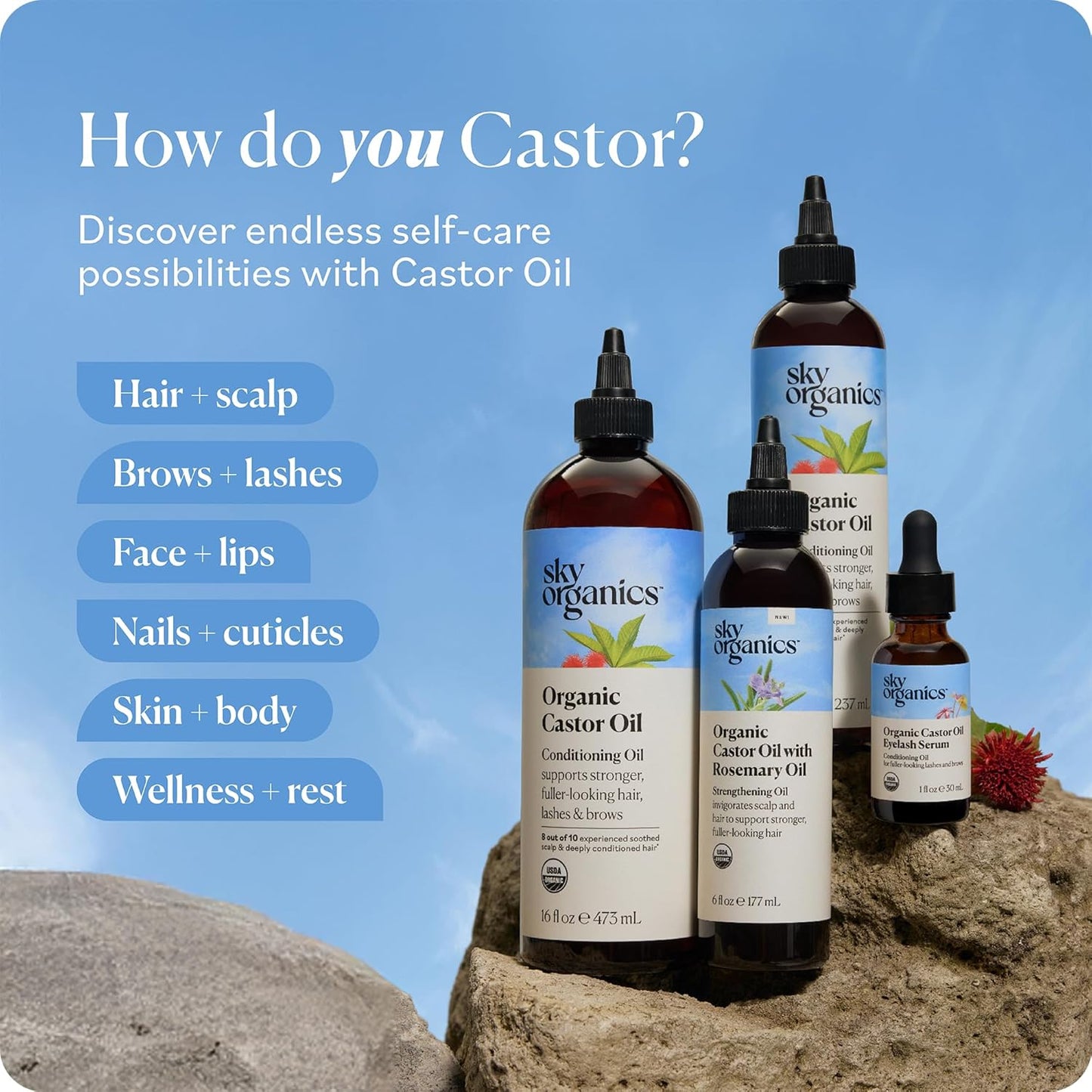 Sky Organics USDA Organic Castor Oil with Rosemary Oil, Strengthening Oil, Pure Potent Blend, Hexane Free, Invigorates Scalp, Supports Stronger, Fuller-Looking Hair, DIY ebook included