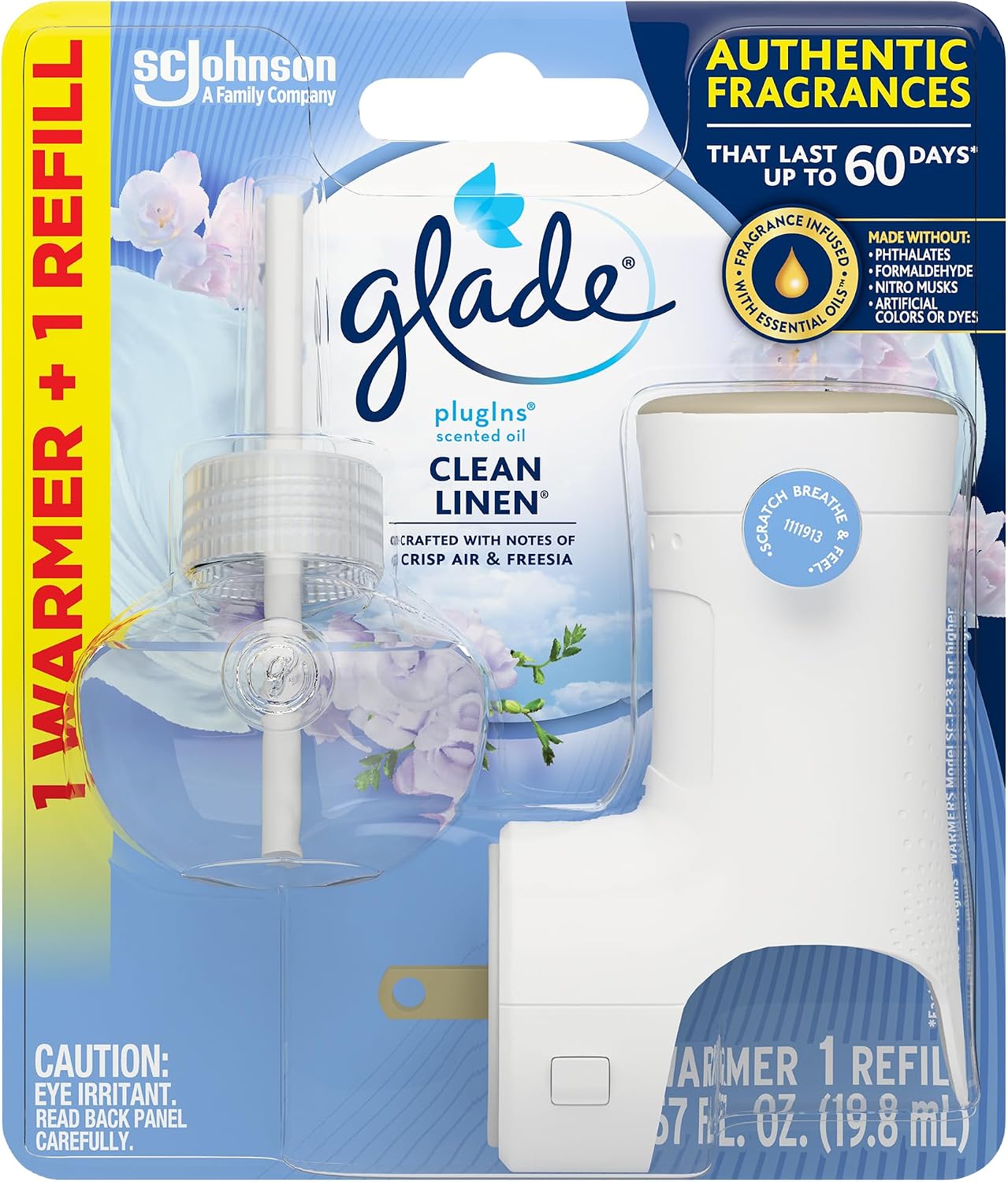 Glade PlugIns Refills Air Freshener Starter Kit, Clean Linen, Scented and Essential Oils for Home and Bathroom, 0.67 Fl Oz, 1 Warmer + 1 Refill