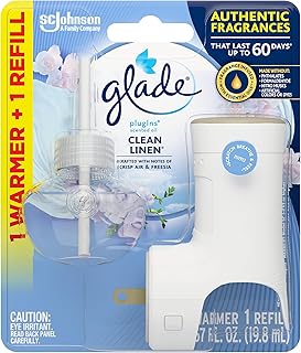 Glade PlugIns Refills Air Freshener Starter Kit, Clean Linen, Scented and Essential Oils for Home and Bathroom, 0.67 Fl Oz, 1 Warmer + 1 Refill