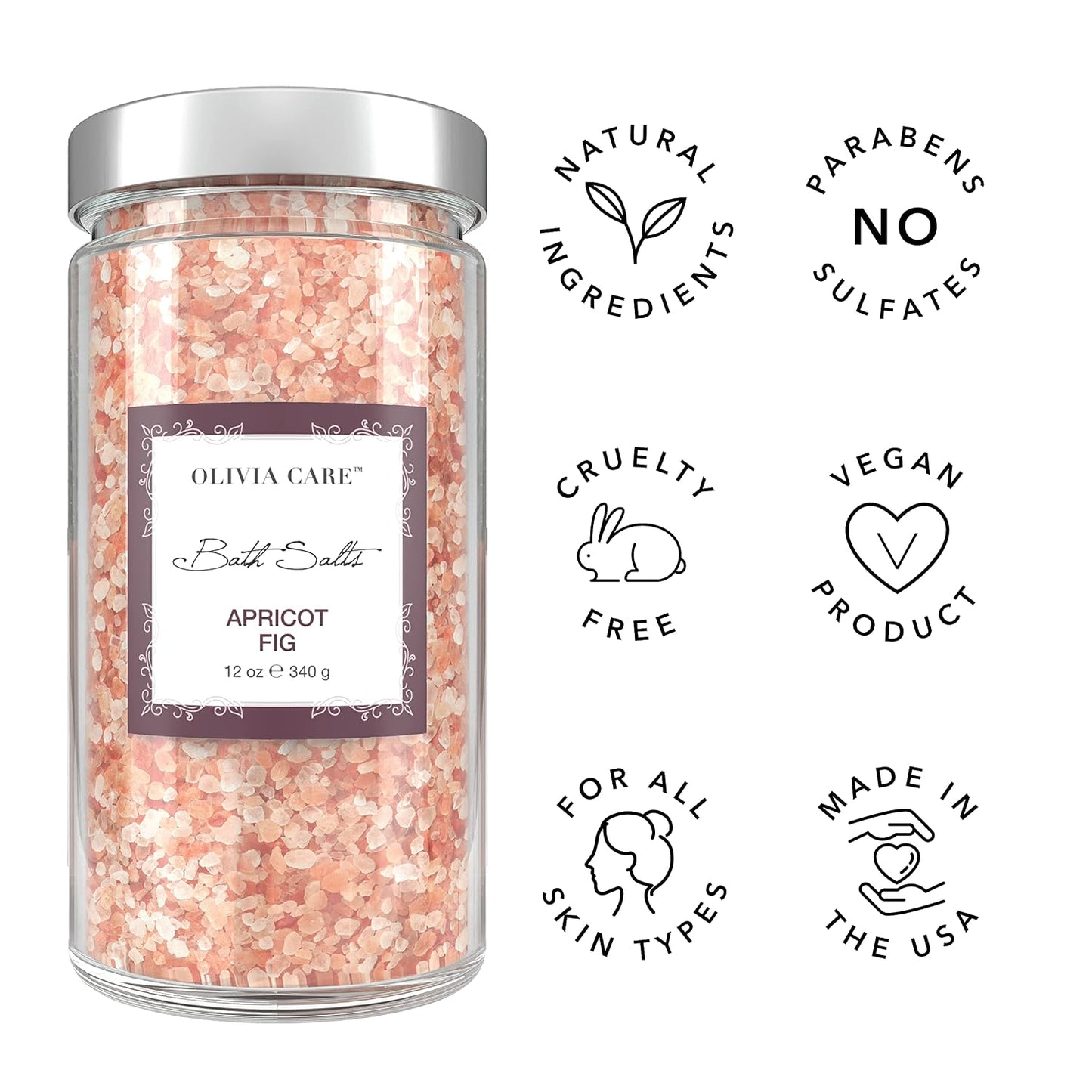 Olivia Care Pink Himalayan Bath Salts with Apricot Fig - Relieves & Relax Muscles. Exfoliate, Heal, Rejuvenate, Cleansing & Soothes Skin | Made with Natural Ingredients. Fresh Fragrance - 12 OZ