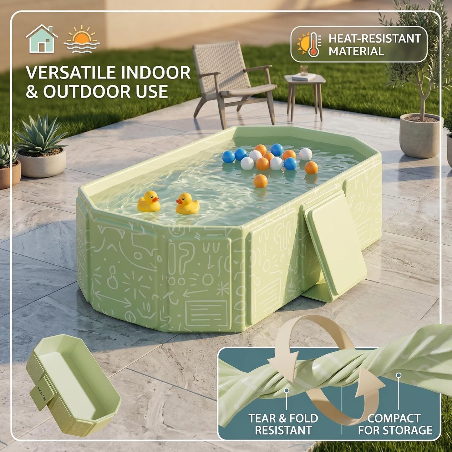 Collapsible Bathing Basin 29.5×17.7×9.8 in, Foldable Portable Tub with Drain Plug, Compact Storage Basin for Toddlers and Pets, Suitable for Outdoor, Travel or Balcony Use