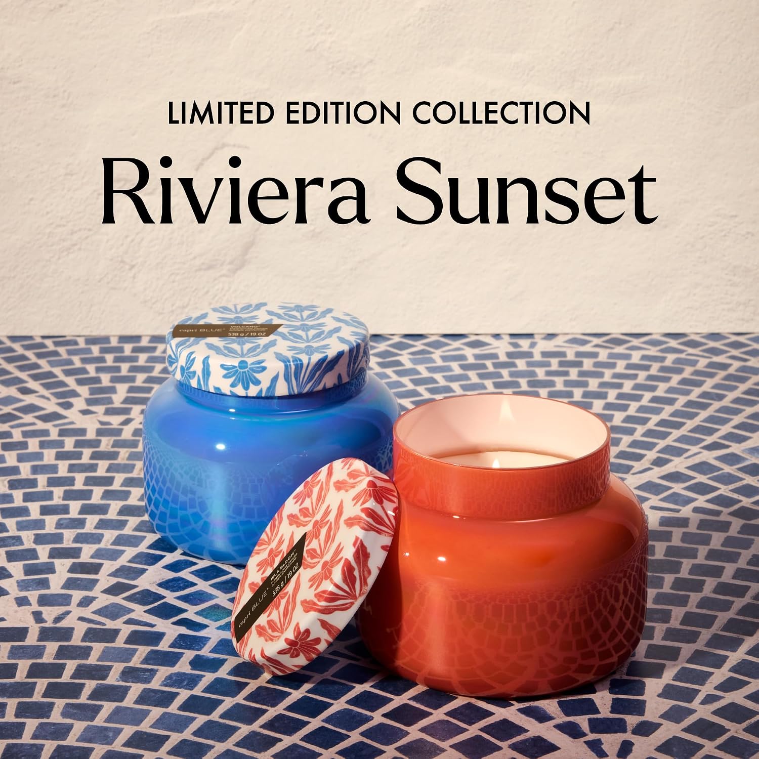 Capri Blue Scented Candles - Spring Capsule Collection, Riviera Sunset - Long Lasting Soy Wax Blend - Luxury Candles for Home Scented with Tropical Fruit & Sugared Citrus - Glass Jar (Volcano, 19 oz)