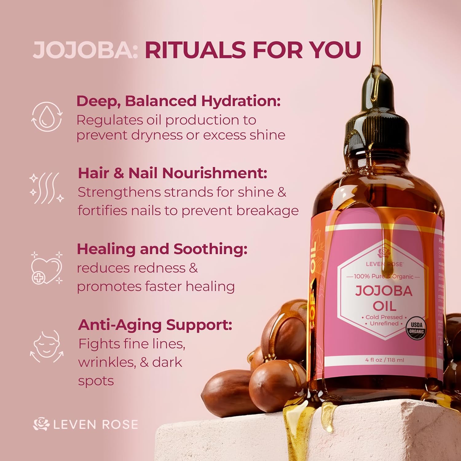 Leven Rose Jojoba Oil Organic, Pure Cold Pressed Carrier Oil, Natural Unrefined Moisturizer for Skin Hair and Nails 4 oz