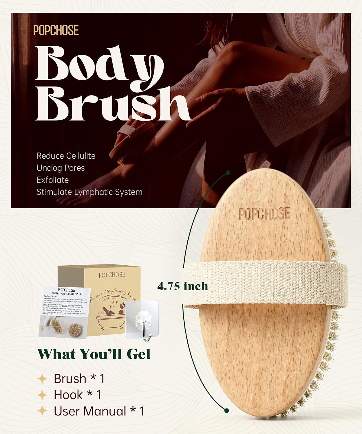 POPCHOSE Dry Brushing Body Brush, Natural Bristle Dry Skin Exfoliating Brush Body Scrub for Flawless Skin, Cellulite Reduction, Lymphatic Drainage and Blood Circulation Improvement
