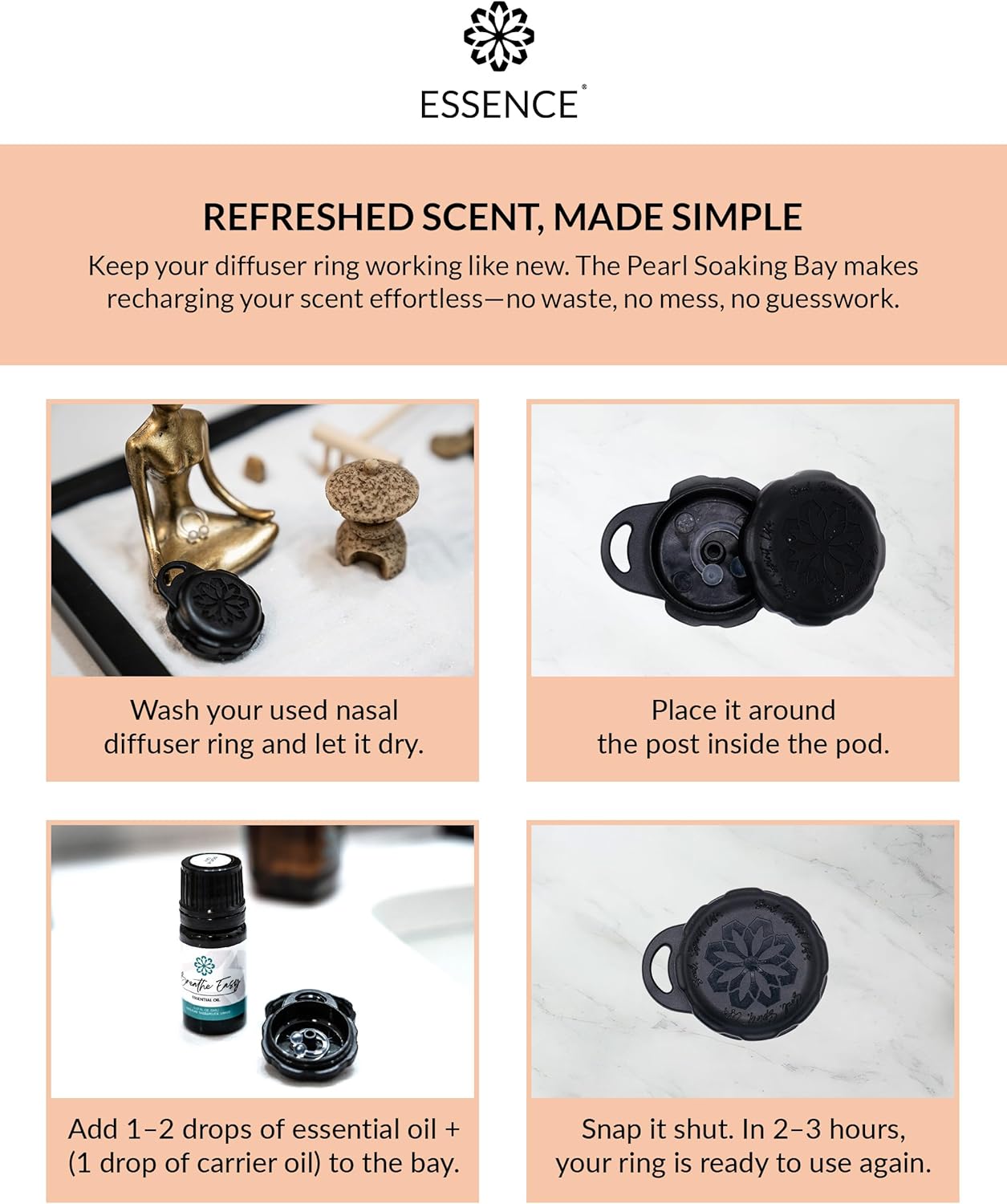 Essence Pearl Travel Case | Immunity Essential Oil | Aromatherapy Nasal Diffuser & Essential Oil Carrying Case | Eucalyptus, Lemon & Cinnamon Blend | Travel-Friendly Kit | Black Pod