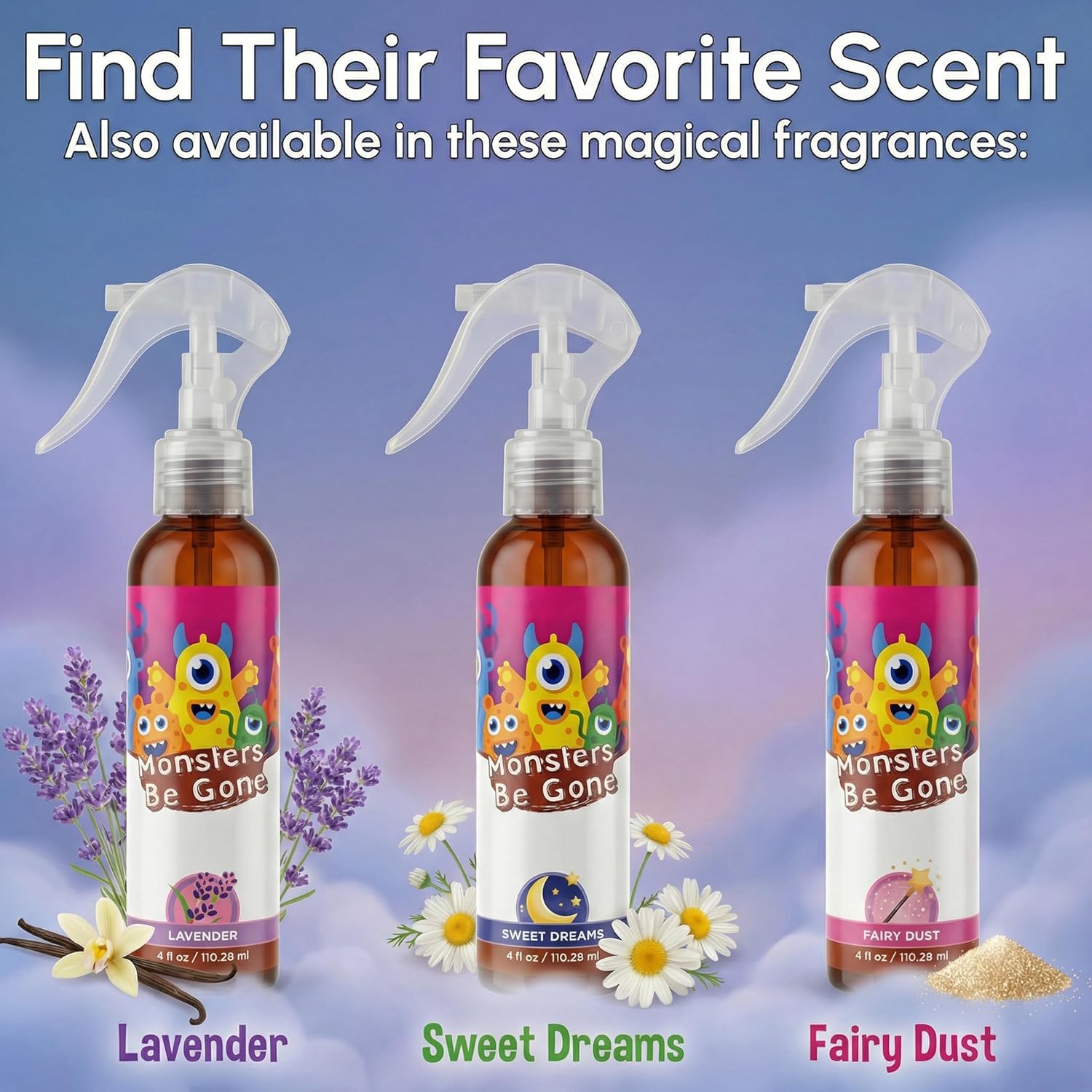 Monsters Be Gone Body and Linen Spray Lavender Odor Neutralizer Natural Non-Toxic Child Confidence Builder Room Freshener