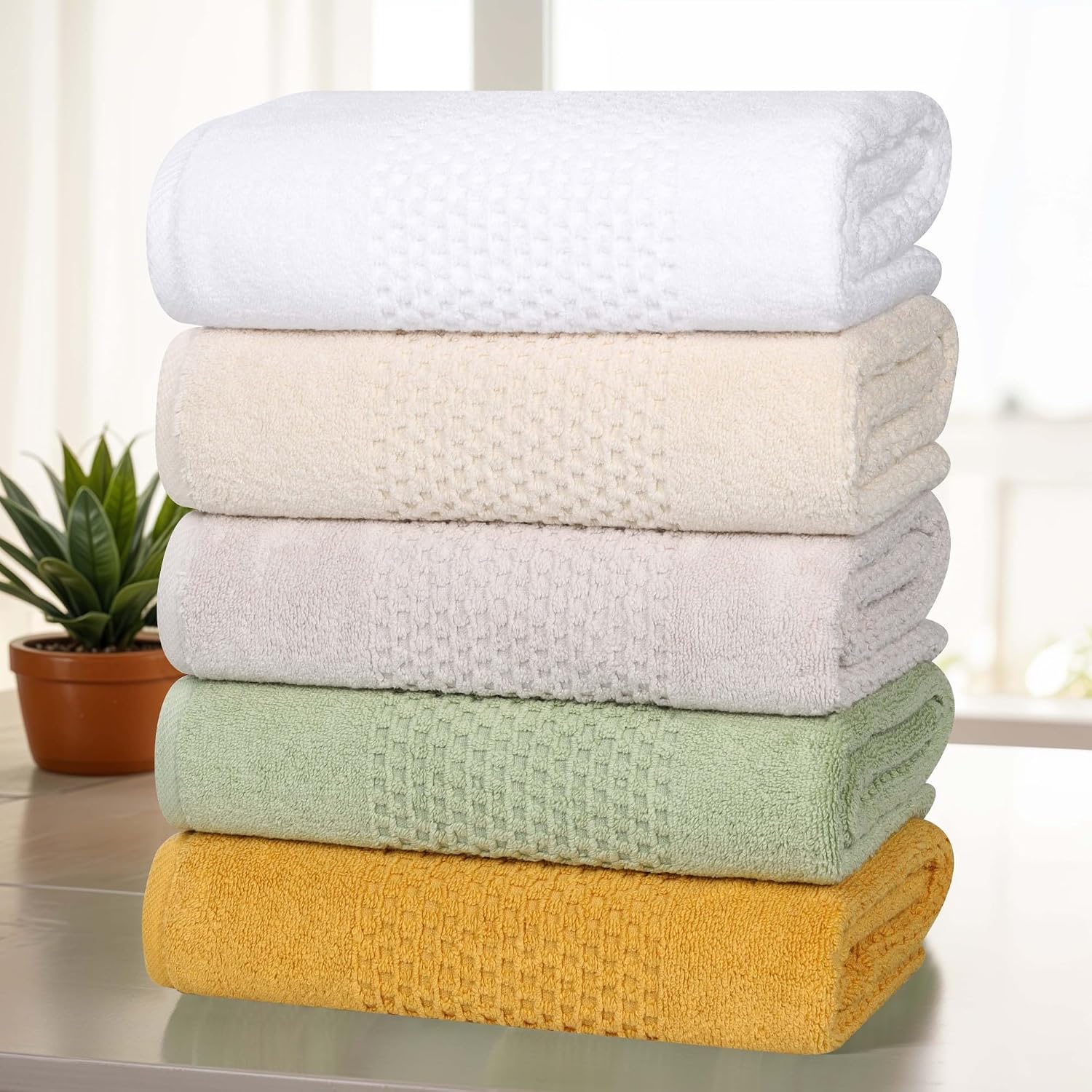 Superior Playa Zero Twist Cotton Medium Weight Towels, for Guest Bath, Bathroom, Shower, Spa, Plush, Quick Dry, Ultra-Soft Towels, Bath Essentials, Waffle Textured, 6 Piece Assorted Towel Set, Ivory