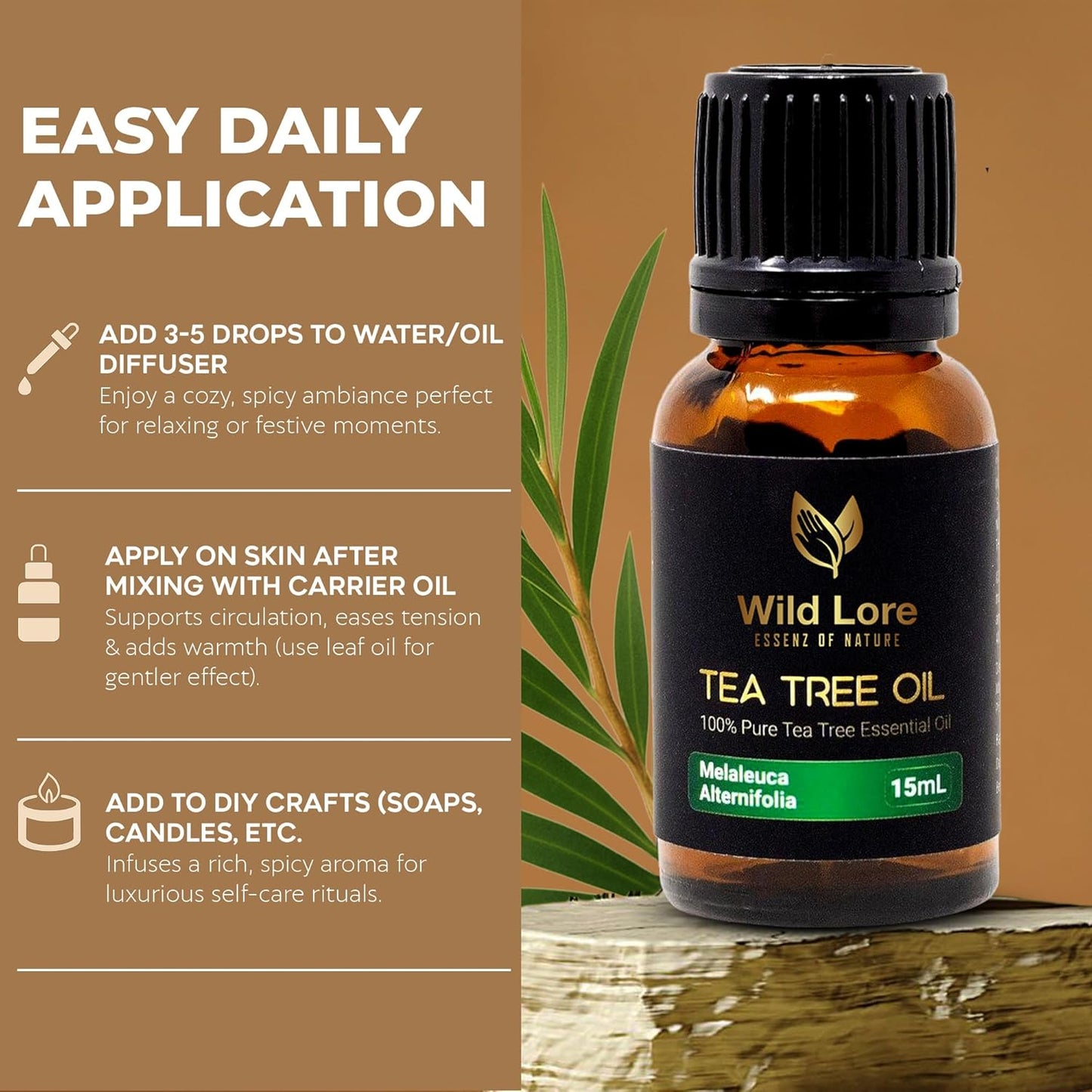Tea Tree Essential Oil, 100% Pure and Natural, Help in Skin Care, Pure Steam Distilled from Leaves, Topical & Aromatic Use, Natural 15 ML