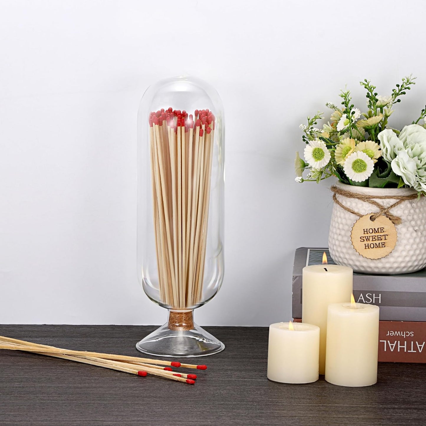 OwnMy 8 Inch Glass Match Cloche Decorative Glass Match Holder Jar with Cork Stopper, Clear Glass Matches Box Matchstick Holder Organizer for Home Bathroom Fireplace Candle Use (NOT Includes Matches)