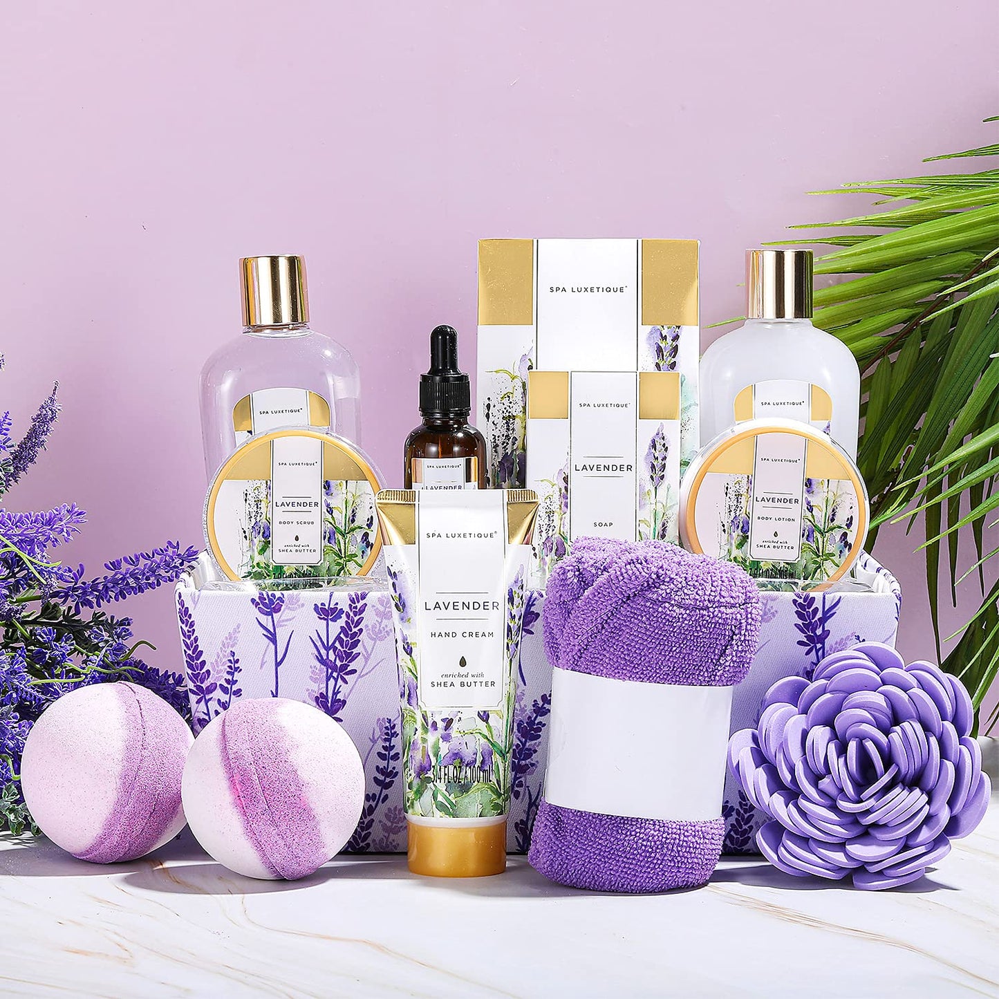 Spa Luxetique Spa Gift Baskets for Women 12 Pcs Lavender Spa Set with Body Lotions, Lavender Massage Oil, Birthday Christmas Gifts for Her