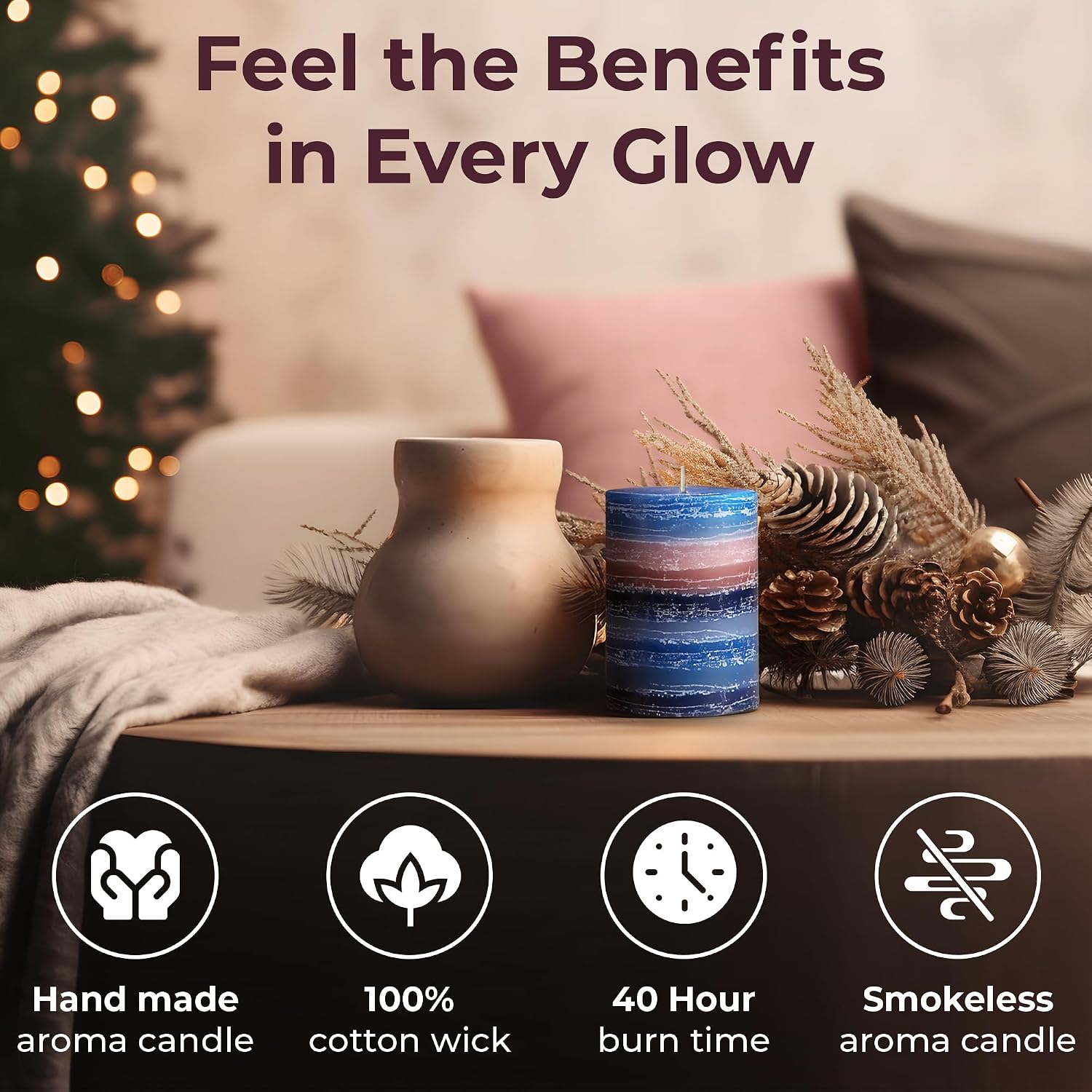 CraftyCrocodile Decorative Scented Pillar Candle - Handcrafted Navy Blue Candles with Cotton Wick, Smokeless for Spa, Aromatherapy, Home, Wedding - 40 Hour Burn Time - 3" W x 4" H