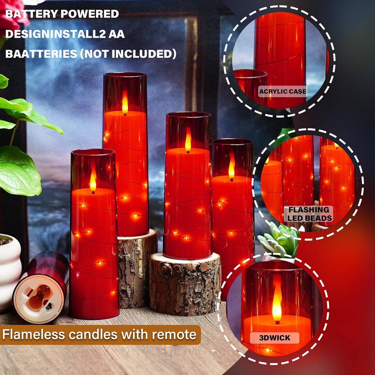 Nimiko Flickering Flameless LED Candles,Battery Operated Candles 24 Pcs with Embedded Star String,Acrylic LED Pillar Candles with Remote,Suitable for Home Decoration to Create an Atmosphere (Red)