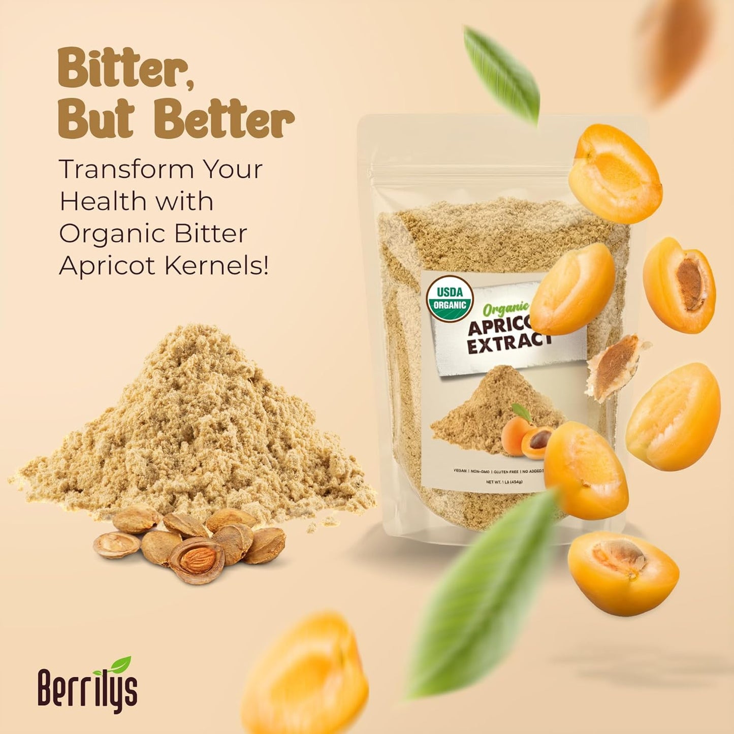 Berrilys Organic Bitter Apricot Kernel Powder - Extract, Raw, Non-GMO and Vegan, 16 oz - High in Vitamin, Apricot pits, Kernels ideal for energy option, Natural Raw pits for Wellness Support