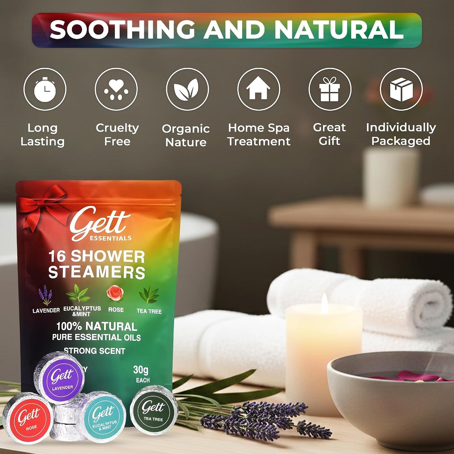 GETT Shower Steamers Aromatherapy 16 Pack, Strong Scent, Long Lasting, Lavender, Eucalyptus Mint, Rose, Tea Tree, Individually Wrapped, Sinus Relief, Stress Relief, Spa Gifts for Men and Women
