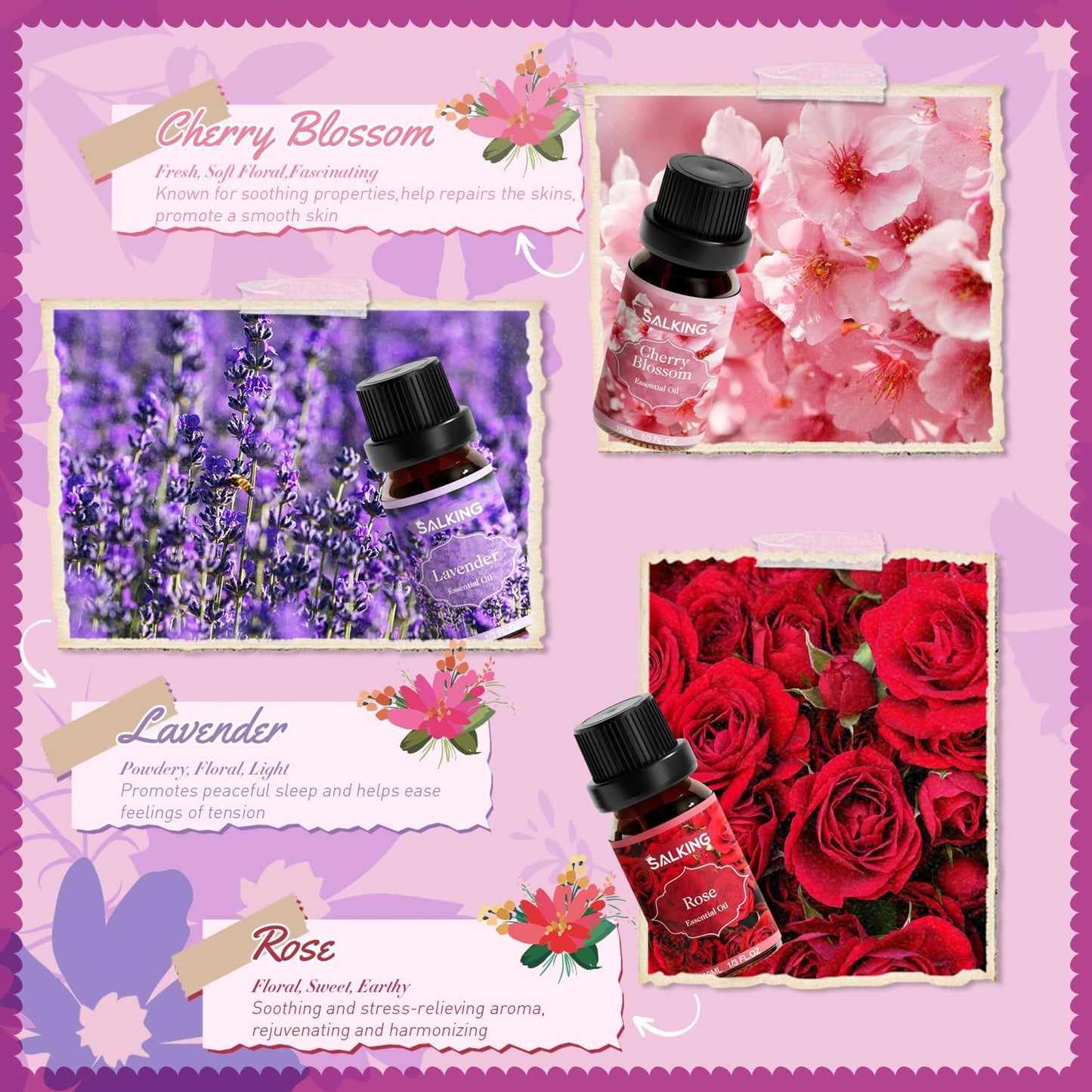SALKING Floral Essential Oils Set, Premium Pure and Natural Essential Oils, Fragrance Oil Scented Oils for Oil Diffusers 6 x 10 ML - Lavender, Rose, Jasmine, Cherry Blossom, Gardenia, Chamomile