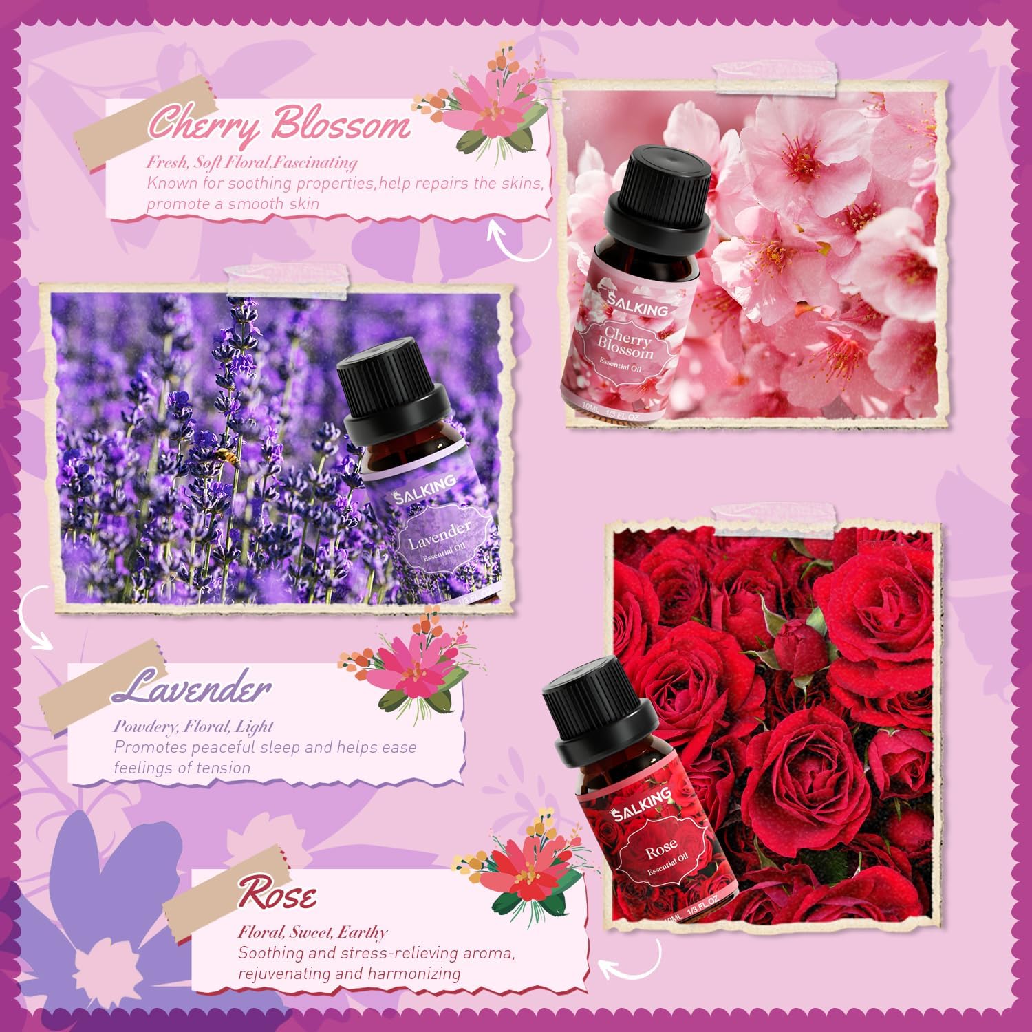 SALKING Floral Essential Oils Set, Premium Pure and Natural Essential Oils, Fragrance Oil Scented Oils for Oil Diffusers 6 x 10 ML - Lavender, Rose, Jasmine, Cherry Blossom, Gardenia, Chamomile