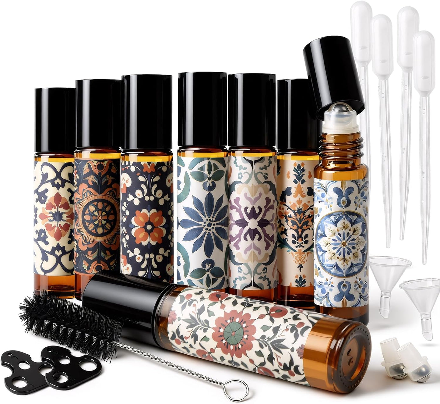 Roller Bottles for Essential Oils Roll On Bottles 8 Pack, 10ml Oil Roller Bottle Amber Thick Glass Empty with Oil Perfume Lip Gloss DIY Kits Boho Stickers Leak-Proof Refillable for Travel, Gift