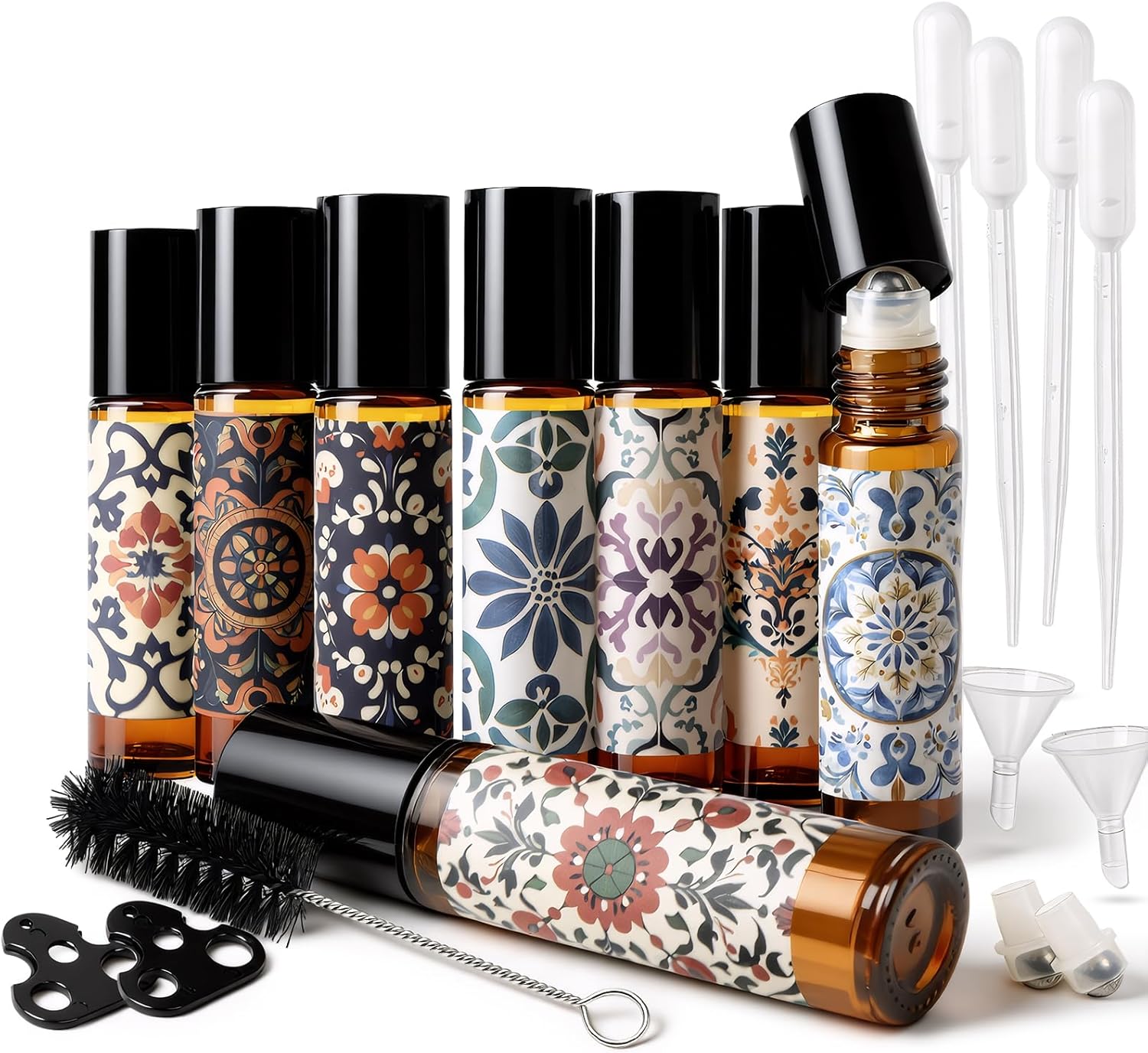 Roller Bottles for Essential Oils Roll On Bottles 8 Pack, 10ml Oil Roller Bottle Amber Thick Glass Empty with Oil Perfume Lip Gloss DIY Kits Boho Stickers Leak-Proof Refillable for Travel, Gift