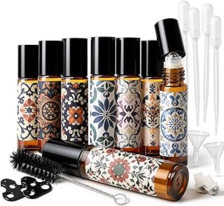 Roller Bottles for Essential Oils Roll On Bottles 8 Pack, 10ml Oil Roller Bottle Amber Thick Glass Empty with Oil Perfume Lip Gloss DIY Kits Boho Stickers Leak-Proof Refillable for Travel, Gift
