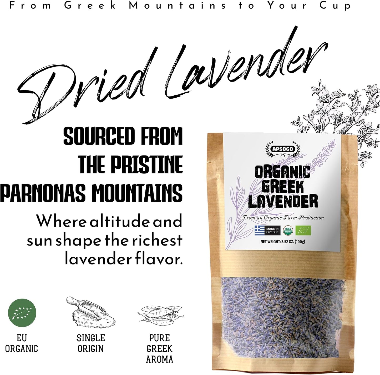 Apsogo Organic Greek Lavender - Dried Culinary Lavender for Tea, 1.76oz | Single-origin Lavandula angustifolia, hand-harvested in the Peloponnese. Whole dried lavender for tea, baking and syrups