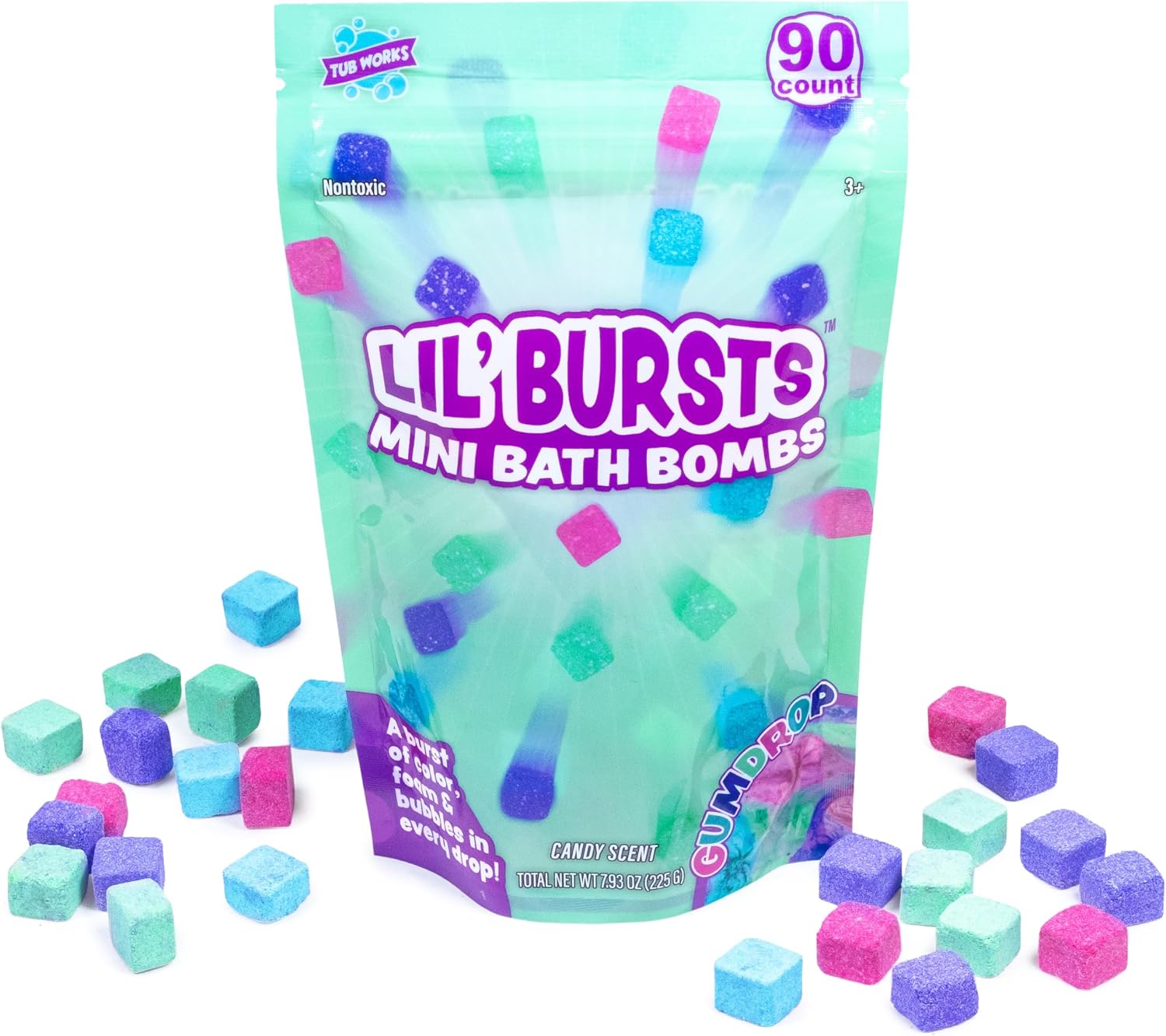 Tub Works® Lil' Bursts™ Mini Bath Bombs for Kids, 90 Count, Gumdrop | Nontoxic | Tiny Kids Bath Bombs with A Burst of Color, Foam & Bubbles | Customize Kids Bath with Fun Bath Colors | Create Tub Art