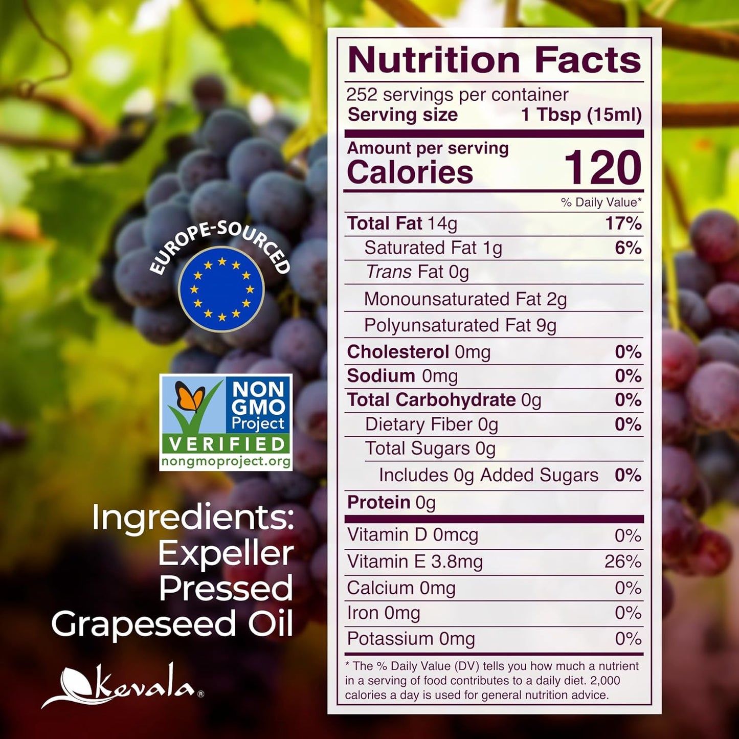 Kevala Grapeseed Oil | Non-GMO Expeller Pressed Grape Seed Oil for Cooking, Rich in Antioxidants, Skincare & Hair, Multipurpose Beauty Oil, High Smoke Point Oil – 128 Fl Oz | 1-Pack