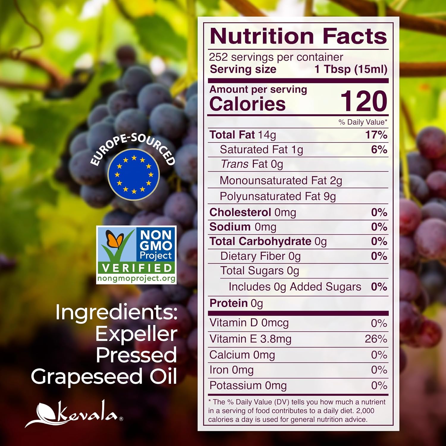 Kevala Grapeseed Oil | Non-GMO Expeller Pressed Grape Seed Oil for Cooking, Rich in Antioxidants, Skincare & Hair, Multipurpose Beauty Oil, High Smoke Point Oil – 128 Fl Oz | 1-Pack