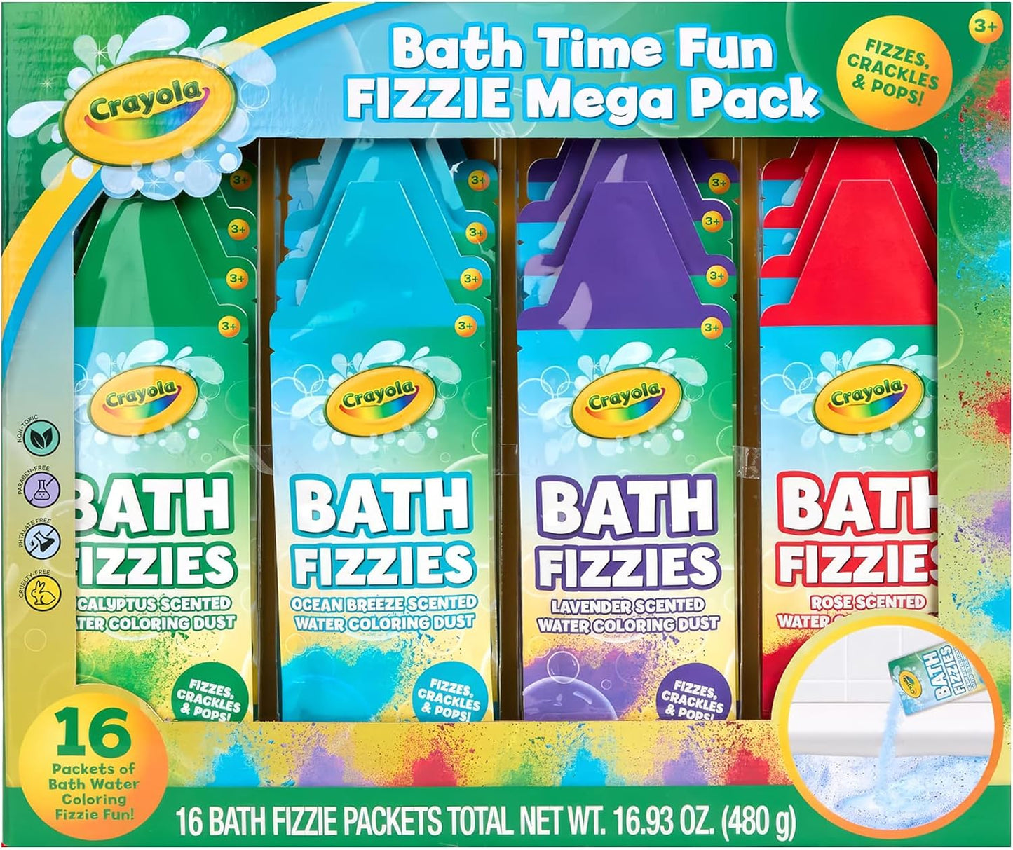 Crayola Bath Fizzies 16-Piece Deluxe Pack, Scented Water Coloring Dust Packets for Kids and Tweens, Non-Toxic and Stain Free Bath Toys