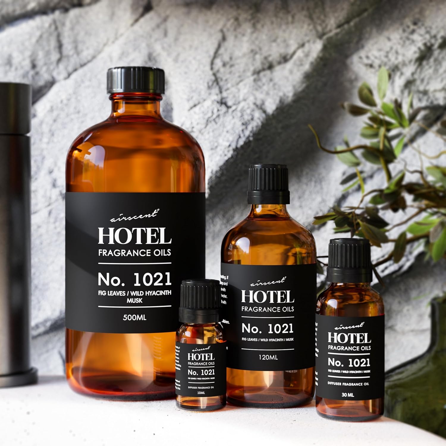 AirScent Hotel Diffuser Oil No. 1021 - Fig Leaves Hyacinth Sandalwood - Hotel Scent Dupe - Premium Fragrance Oil for Ultrasonic and Waterless Diffusers and Crafting - 500 mL, 16.9 fl oz Glass Bottle