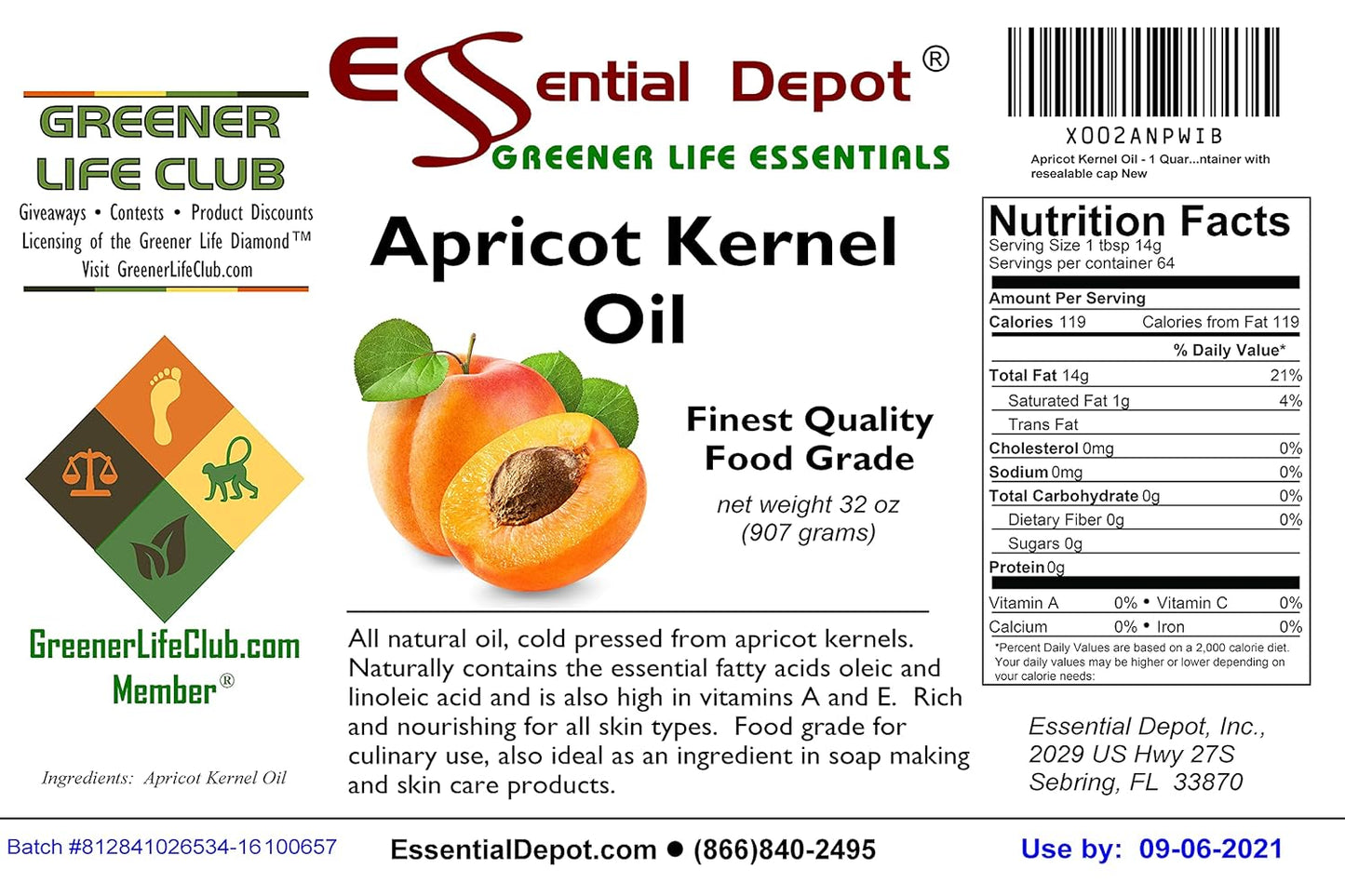 Apricot Kernel Oil - 1 Quart (32 oz) - Food Grade - Safety Sealed HDPE Container with Resealable Cap - 100% Pure and Natural for Hair, Skin, Massage, and Cooking