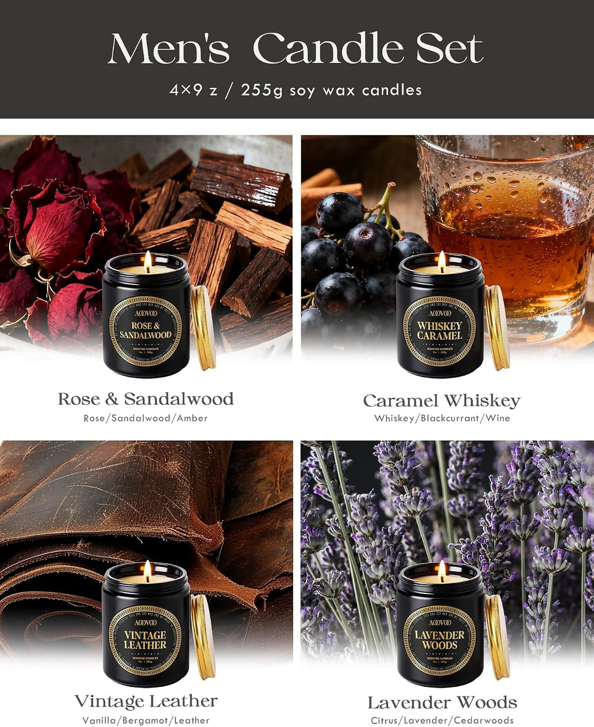 AOOVOO Scented Candles for Men - 4 Pack Candles for Home Scented