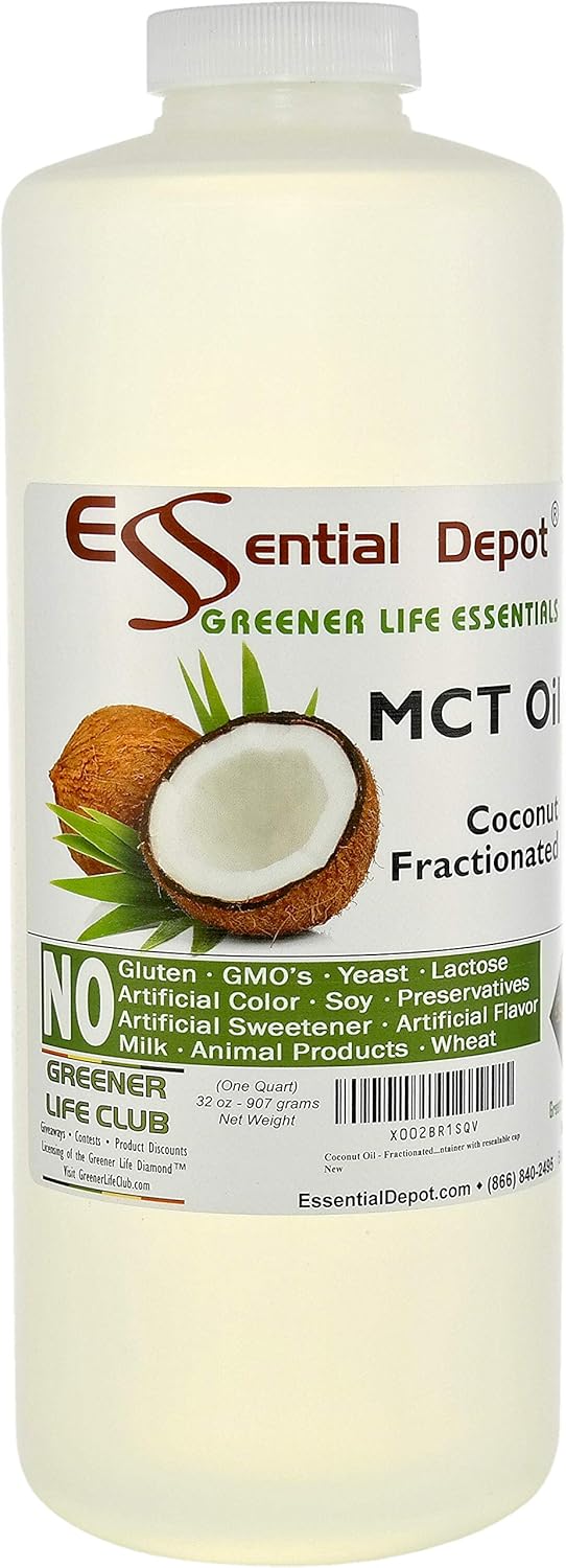 Coconut Oil - Fractionated - MCT (medium-chain triglycerides) - 1 Quart (32 oz) - liquid - Food Grade - Safety Sealed Resealable HDPE Container, Microwave Safe (remove foil seal), Freezer Safe