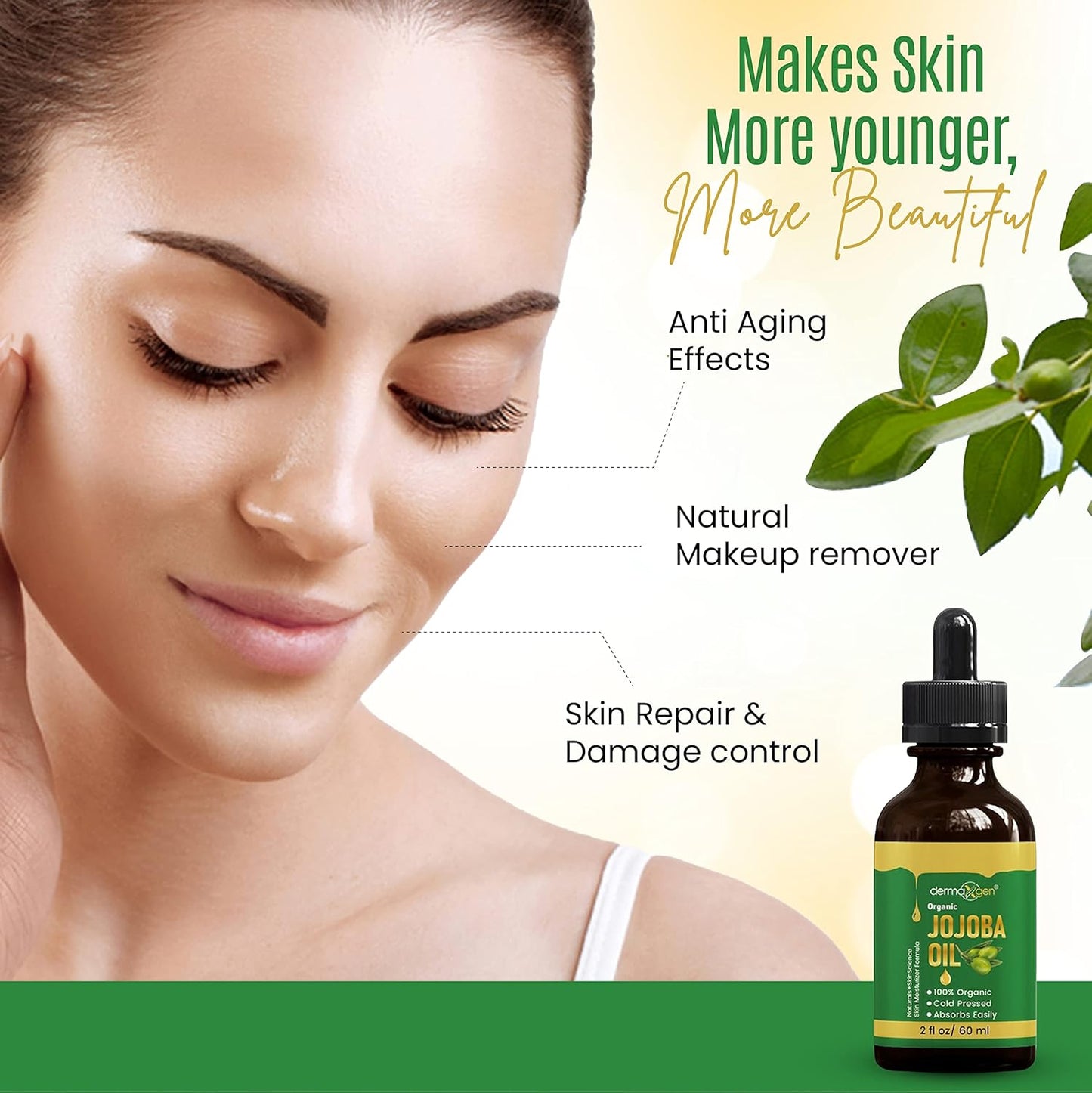 Jojoba Oil -100% Organic & Cold Pressed Oil - Anti-Aging Moisturizing Treatment for Face, Hair, Skin & Nails, Acne Scars, Anti-Wrinkle. (2 FL OZ)