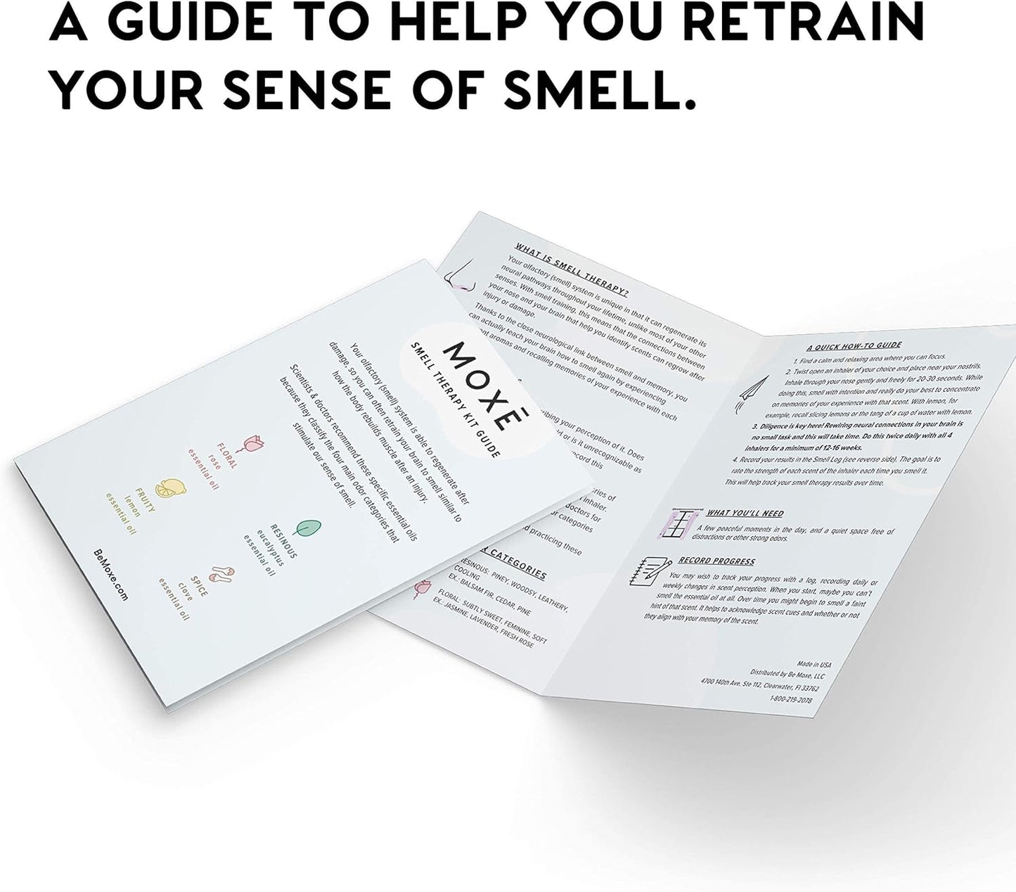 MOXE Scent Training Kit, Made in USA, 4 Essential Oils, Olfactory Regeneration, Helps Restore Sense of Scent, Natural Therapy for Anosmia, Lemon, Rose, Clove, Eucalyptus, Guidebook, Personal Log