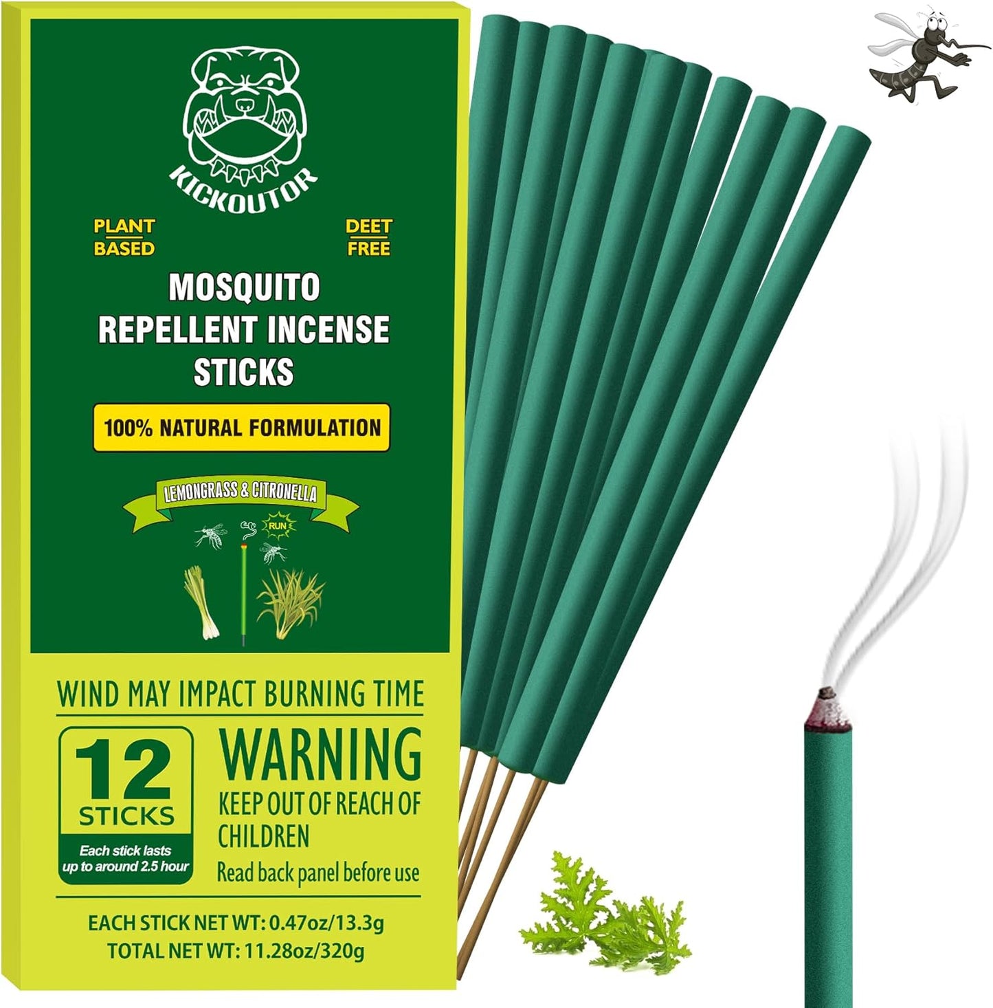 KICKOUTOR Mosquito Incense Sticks with Natural Citronella Oil, 12 Count DEET-Free Outdoor Mosquito Repellent for Patio, Backyard Gatherings & Camping, Up to 2.5-Hour Against Gnats & No-See-Ums