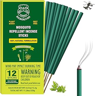 KICKOUTOR Mosquito Incense Sticks with Natural Citronella Oil, 12 Count DEET-Free Outdoor Mosquito Repellent for Patio, Backyard Gatherings & Camping, Up to 2.5-Hour Against Gnats & No-See-Ums