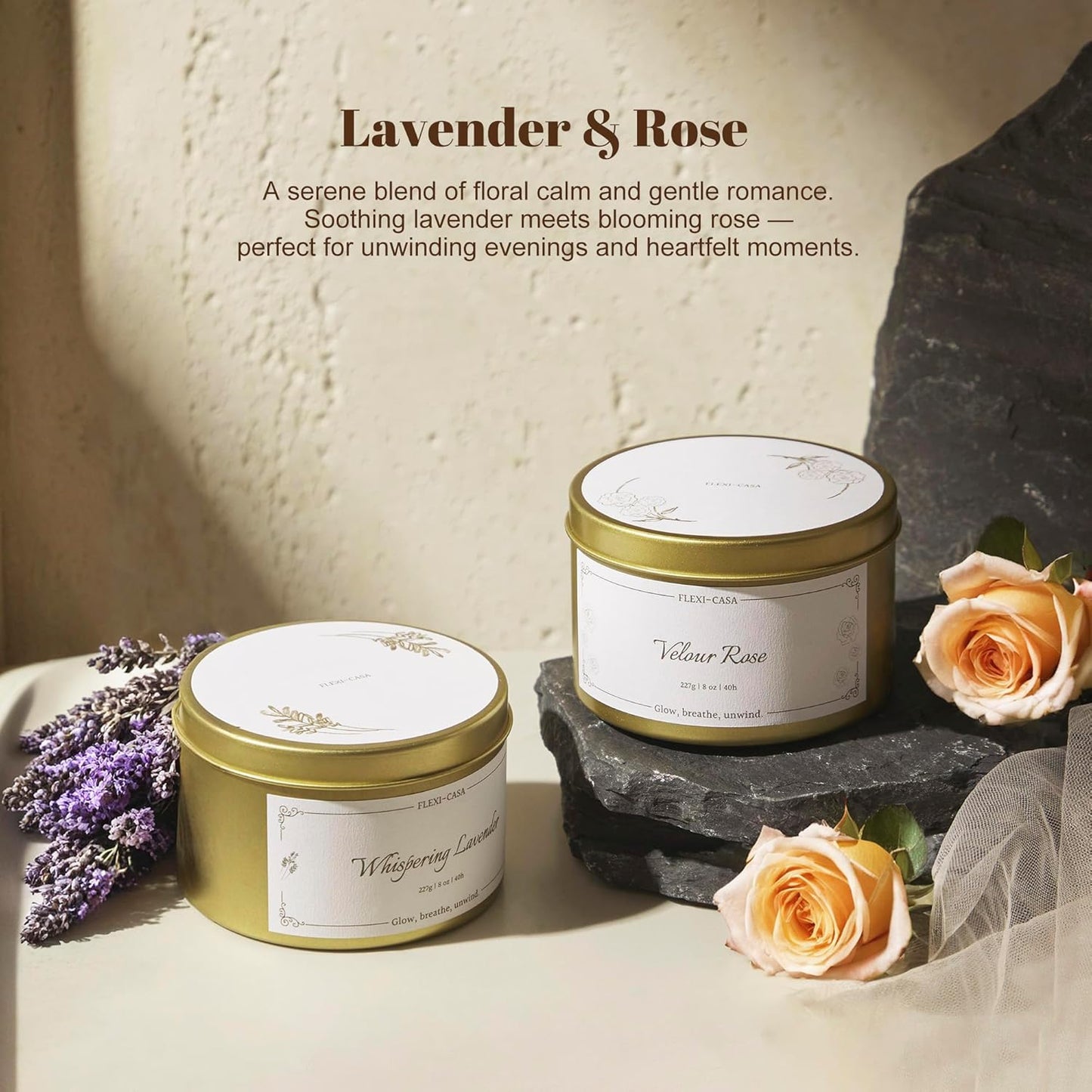 Lavender & Rose Aromatherapy Candle Set, 2 Pack Floral Soy Wax Tin Candles, Long Lasting Scented Candles for Home, Relaxation, Stress Relief, Travel Size Gifts for Women