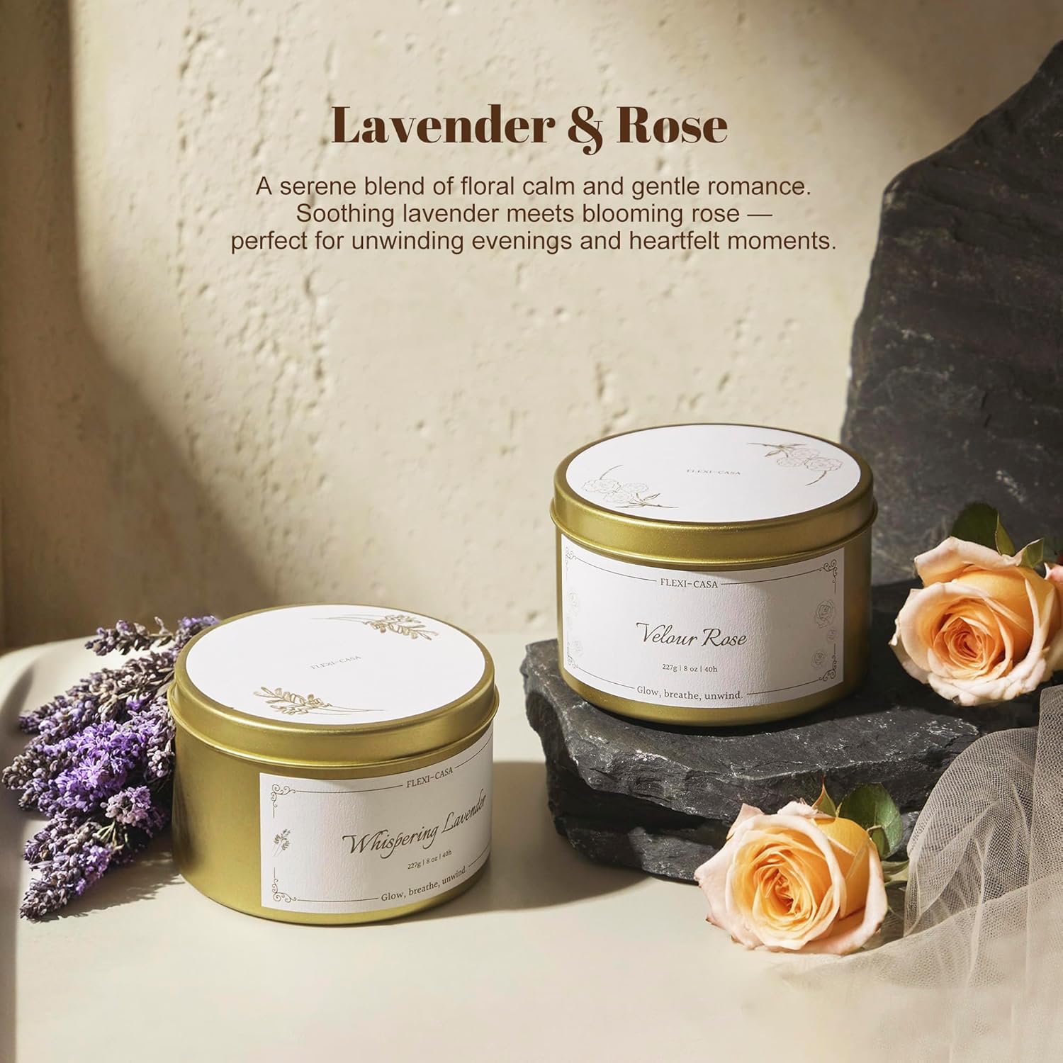 Lavender & Rose Aromatherapy Candle Set, 2 Pack Floral Soy Wax Tin Candles, Long Lasting Scented Candles for Home, Relaxation, Stress Relief, Travel Size Gifts for Women