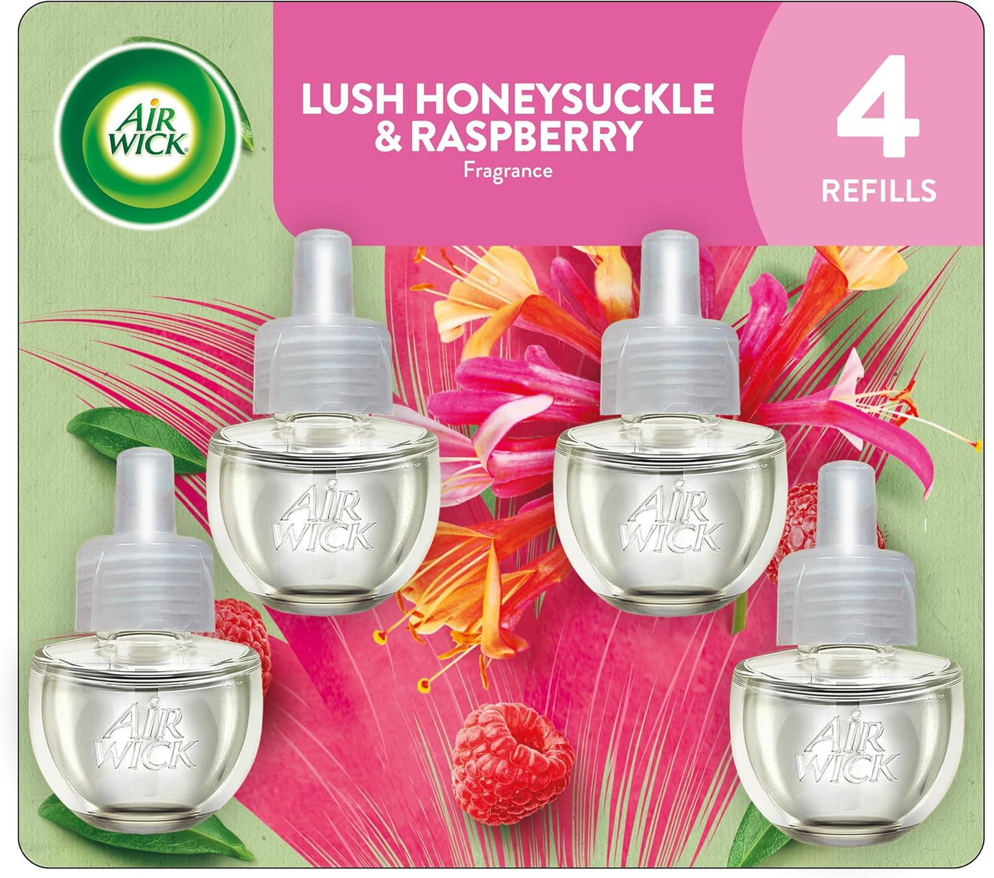 Air Wick Plug-In Scented Oil Refills, 4 Count, Lush Honeysuckle and Raspberry, Air Freshener, Essential Oils, Eco Friendly