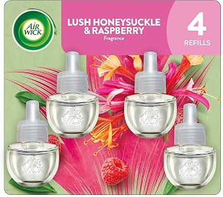 Air Wick Plug-In Scented Oil Refills, 4 Count, Lush Honeysuckle and Raspberry, Air Freshener, Essential Oils, Eco Friendly