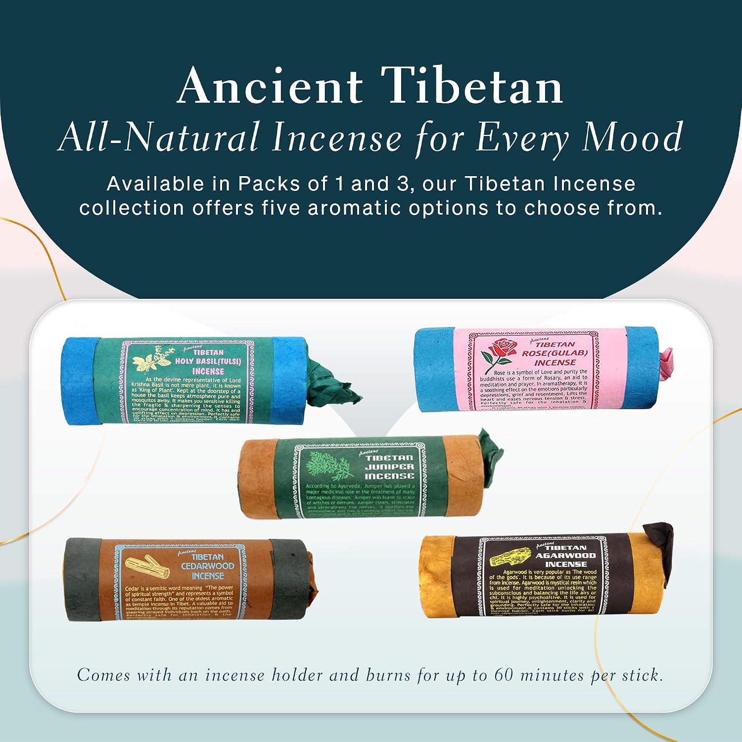 Ancient Tibetan Juniper Incense for Meditation, Yoga, Prayer, Aromatic Medicine, Stress Reliever, Calmness - Pack of 1, 30 Sticks with Wooden Burner