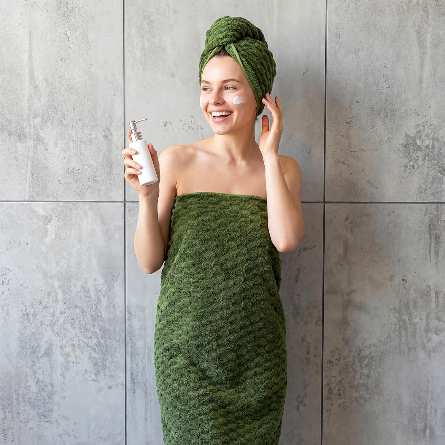 SmoothNovelty Set of 6 Extra Large Bath Towel 40x80 Inches Oversized Bath Sheet 2 Shower Towels 2 Hand Towels 2 Washcloths for Adult Absorbent Quick Dry Bathroom Spa Gym(Cloud Texture,Olive Green)